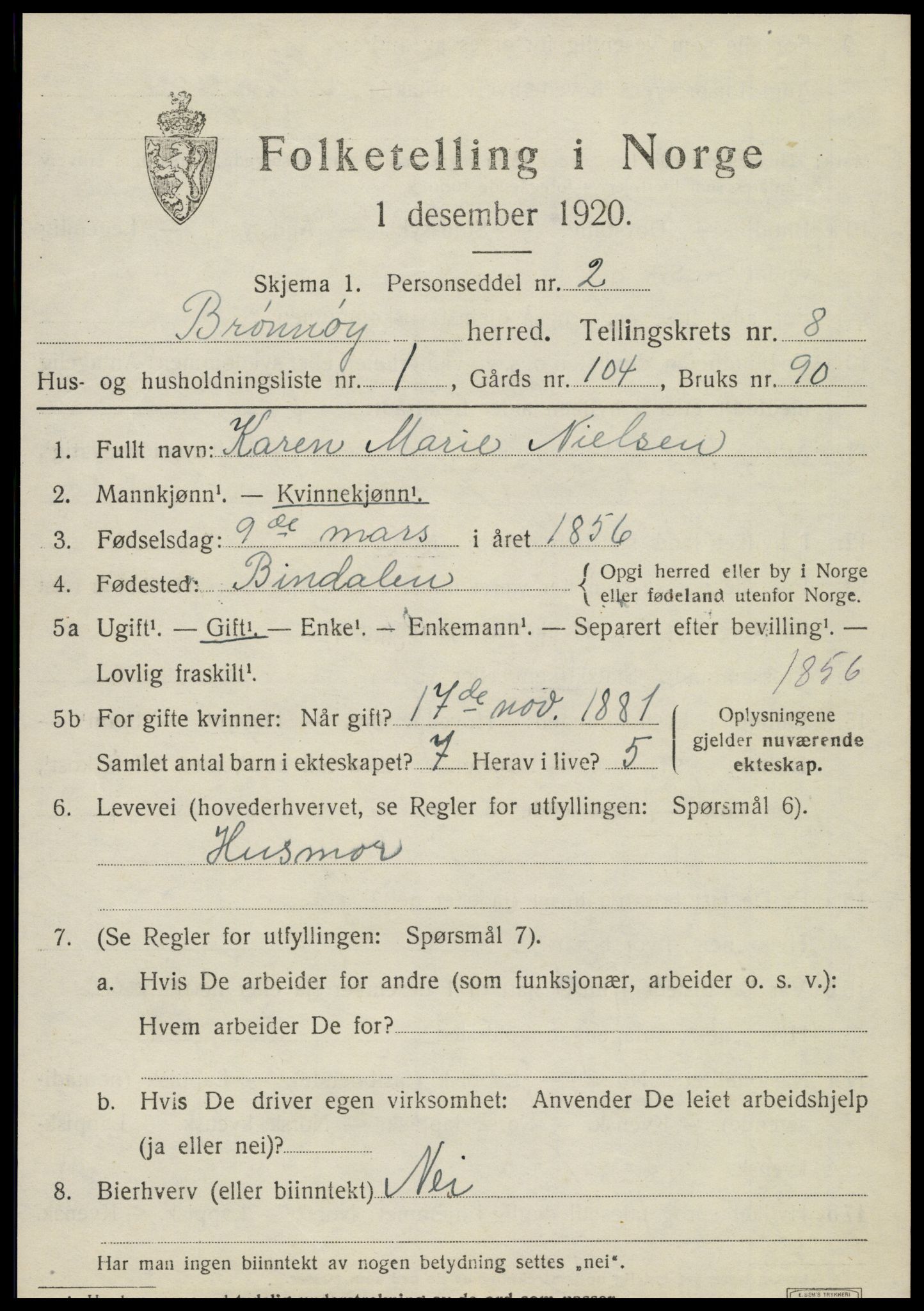 SAT, 1920 census for Brønnøy, 1920, p. 5876