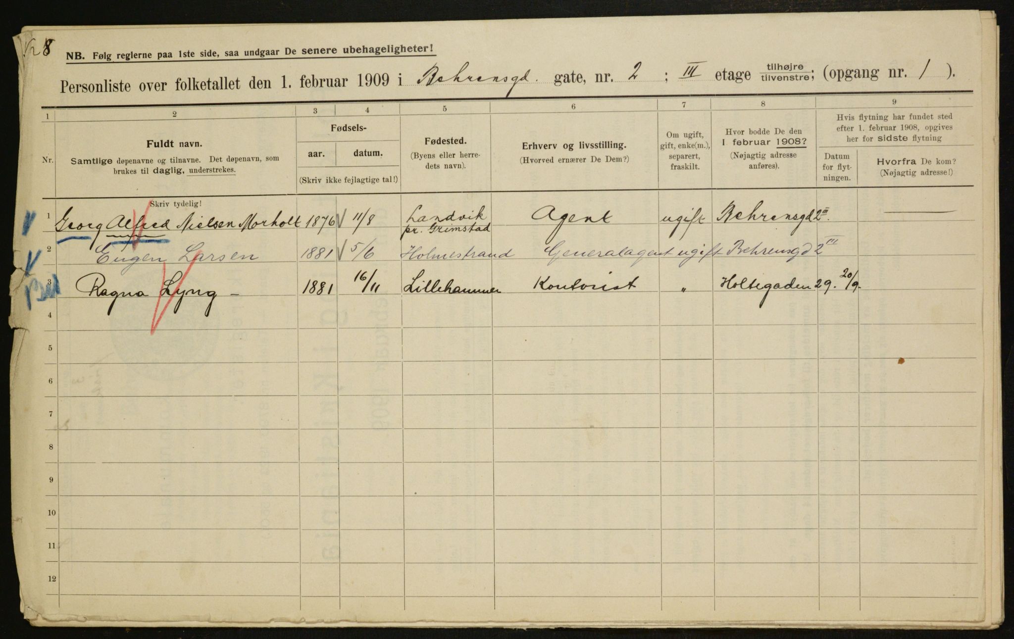 OBA, Municipal Census 1909 for Kristiania, 1909, p. 3136