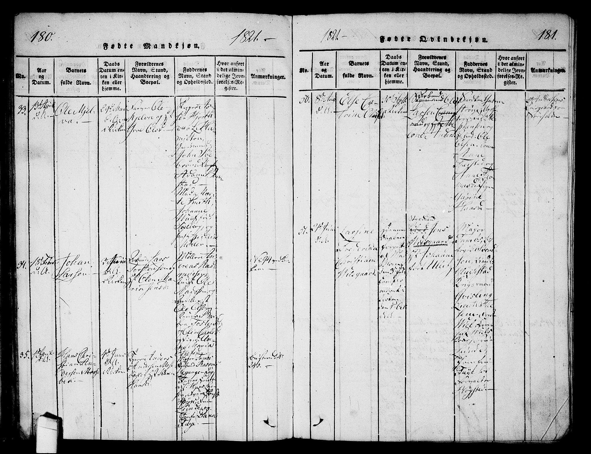 Halden prestekontor Kirkebøker, SAO/A-10909/G/Ga/L0001: Parish register (copy) no. 1, 1815-1833, p. 180-181