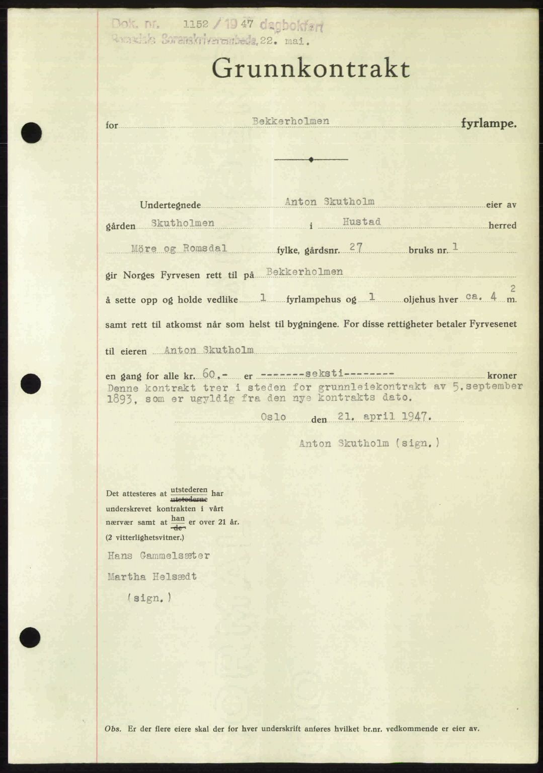 Romsdal sorenskriveri, AV/SAT-A-4149/1/2/2C: Mortgage book no. A23, 1947-1947, Diary no: : 1152/1947