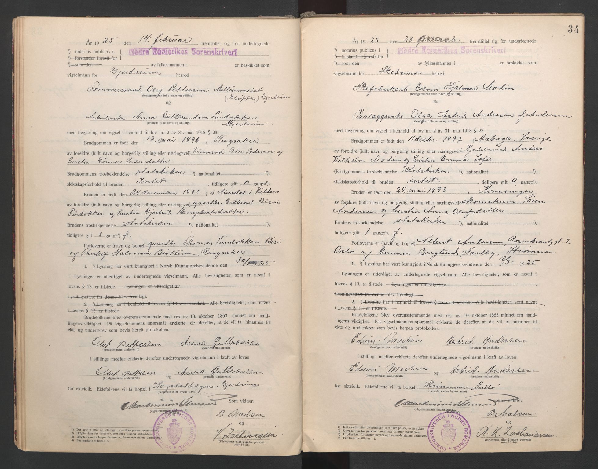 Nedre Romerike sorenskriveri, SAO/A-10469/L/Lb/L0001: Vigselsbok - borgerlige vielser, 1920-1935, p. 34