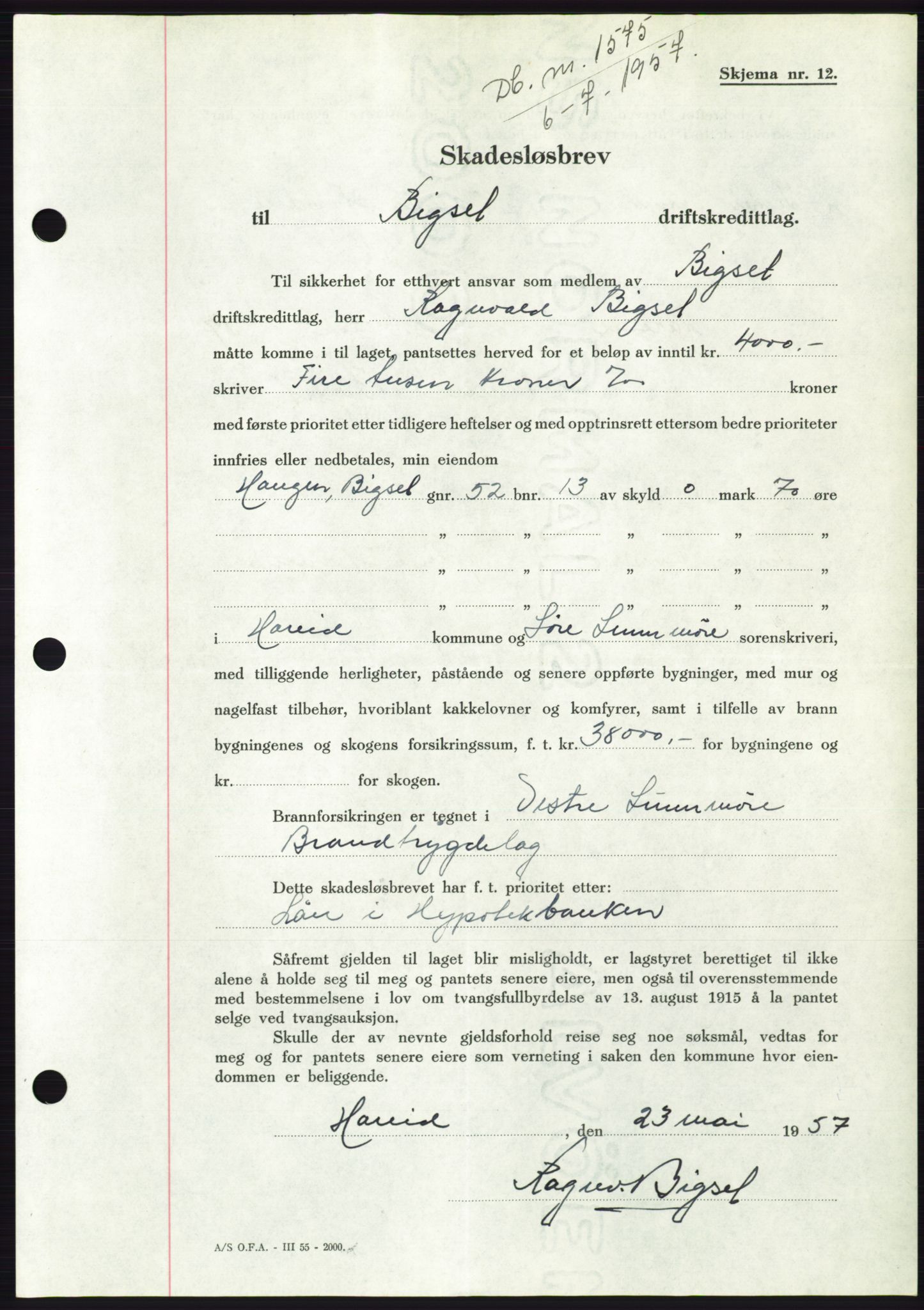 Søre Sunnmøre sorenskriveri, AV/SAT-A-4122/1/2/2C/L0130: Mortgage book no. 18B, 1957-1958, Diary no: : 1575/1957