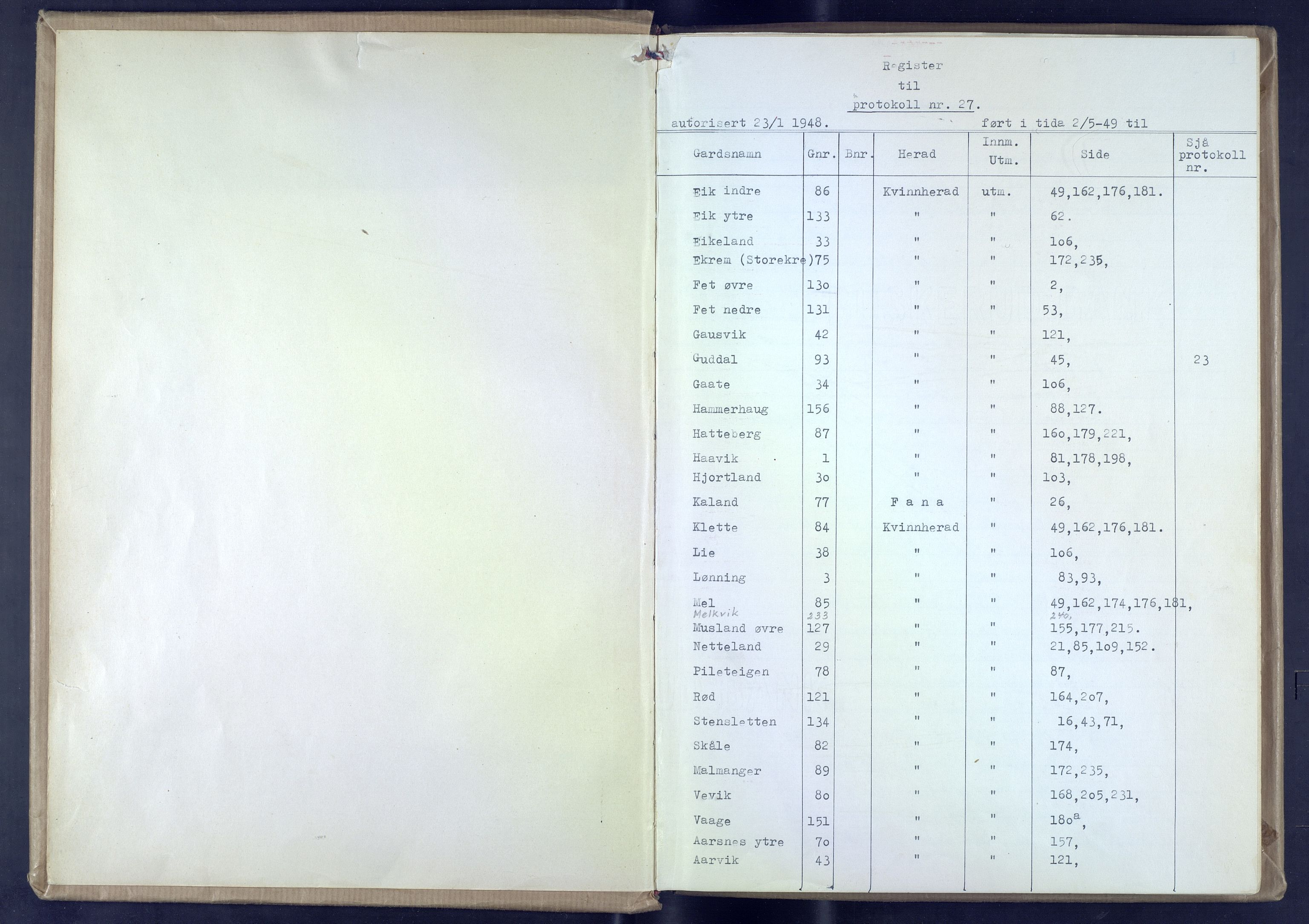 Hordaland jordskiftedøme - VII Indre Sunnhordland jordskiftedistrikt, AV/SAB-A-7401/A/Aa/L0027: Forhandlingsprotokoll, 1947-1973, p. 1