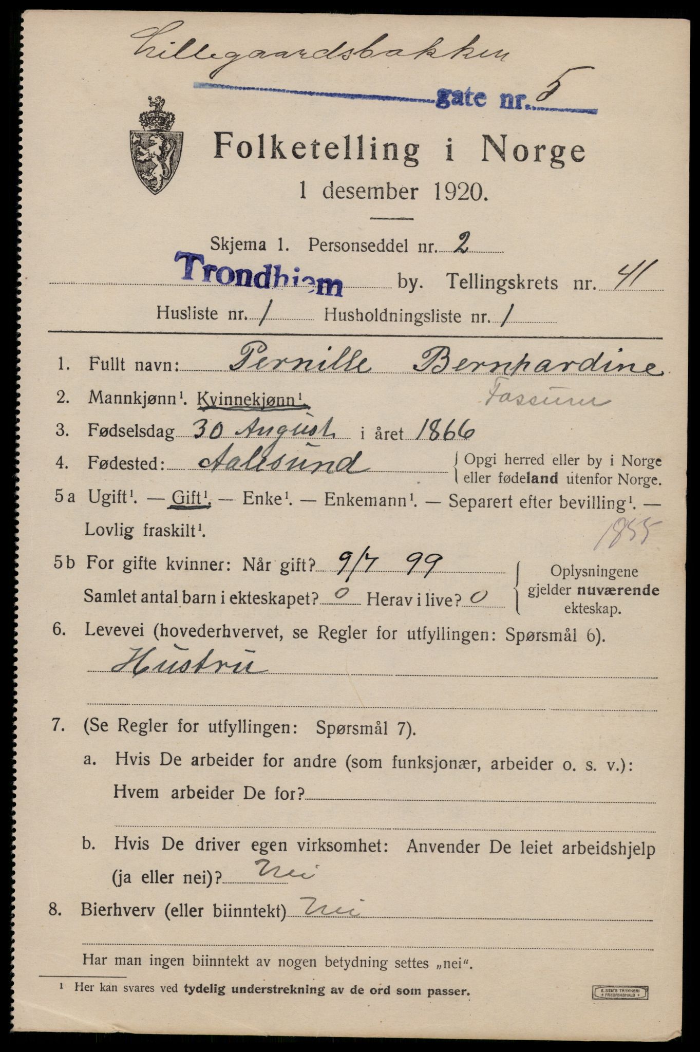SAT, 1920 census for Trondheim, 1920, p. 90892