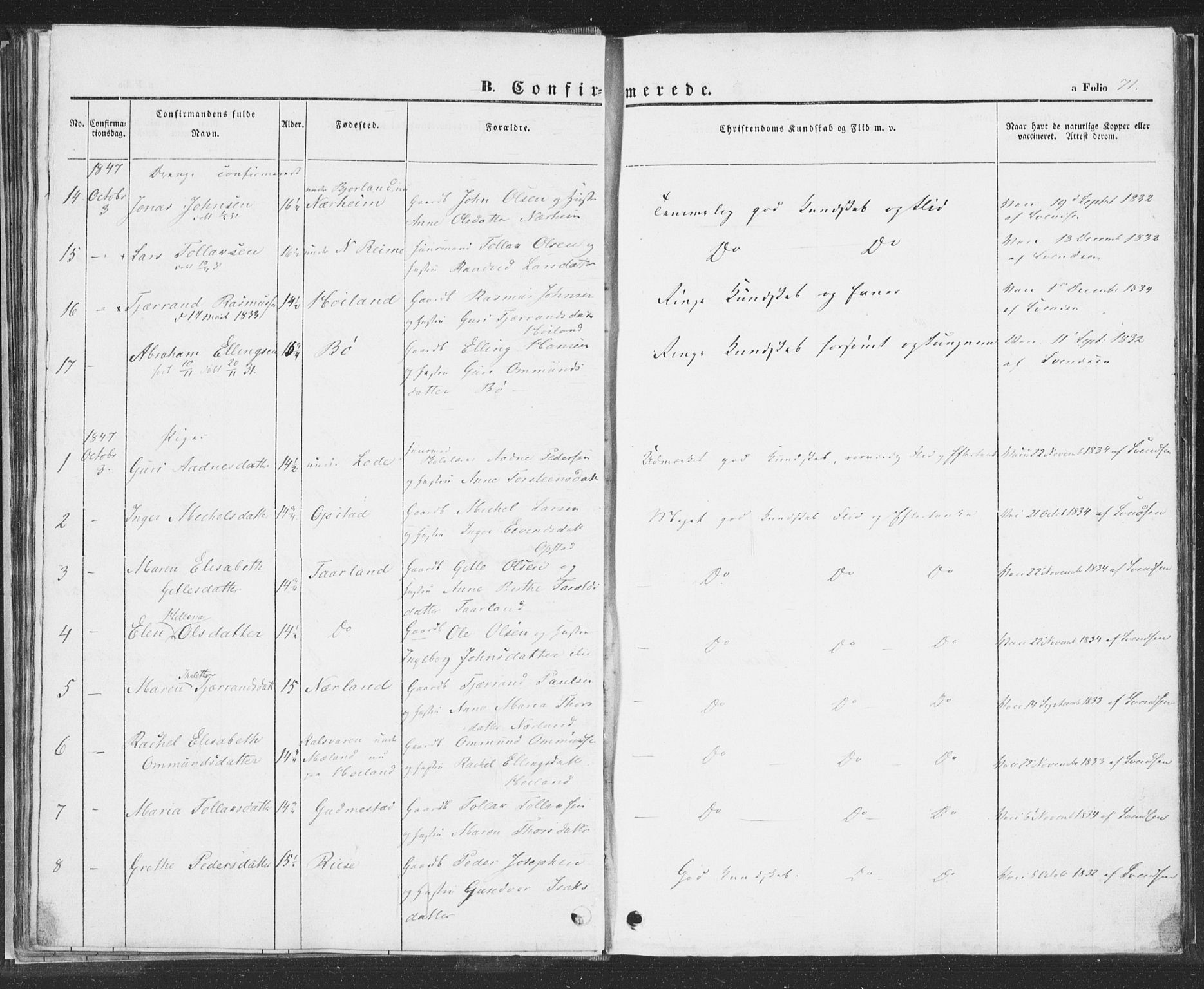 Hå sokneprestkontor, SAST/A-101801/001/30BA/L0006: Parish register (official) no. A 5, 1842-1853, p. 71
