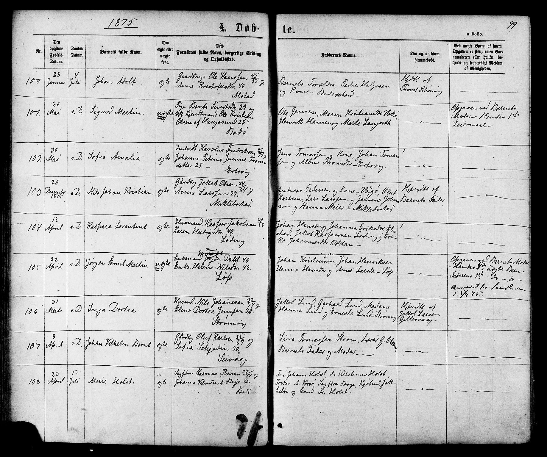 Ministerialprotokoller, klokkerbøker og fødselsregistre - Nordland, SAT/A-1459/801/L0029: Parish register (copy) no. 801C04, 1868-1878, p. 99