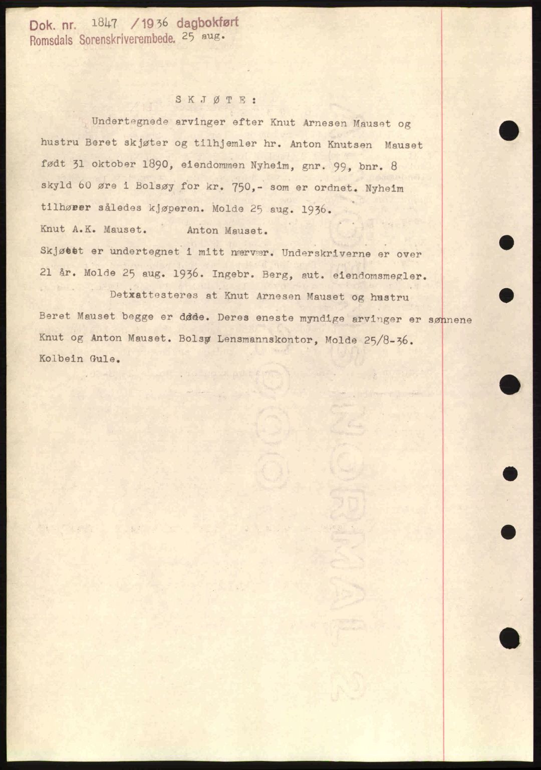 Romsdal sorenskriveri, AV/SAT-A-4149/1/2/2C: Mortgage book no. A1, 1936-1936, Diary no: : 1846/1936