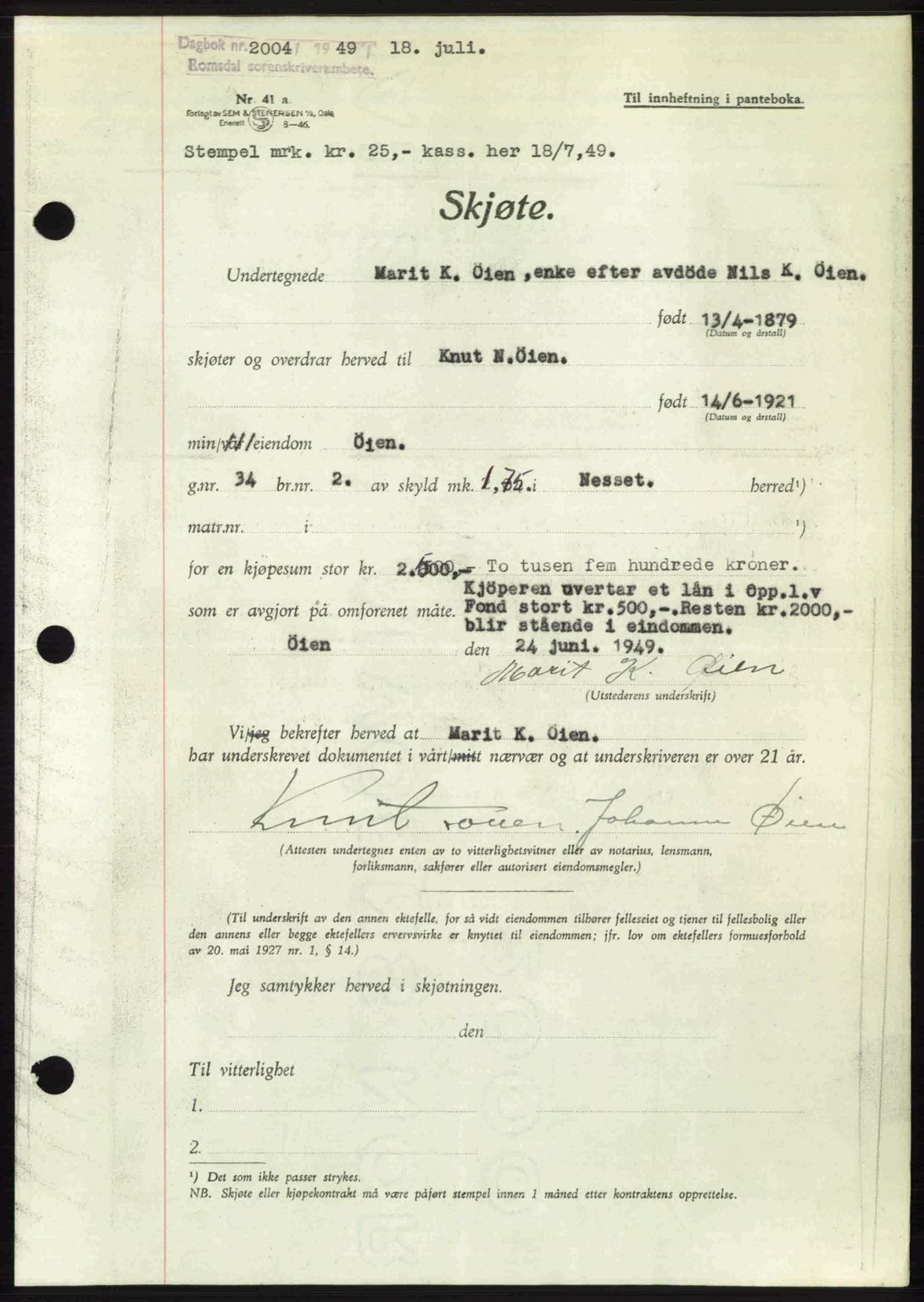 Romsdal sorenskriveri, AV/SAT-A-4149/1/2/2C: Mortgage book no. A30, 1949-1949, Diary no: : 2004/1949