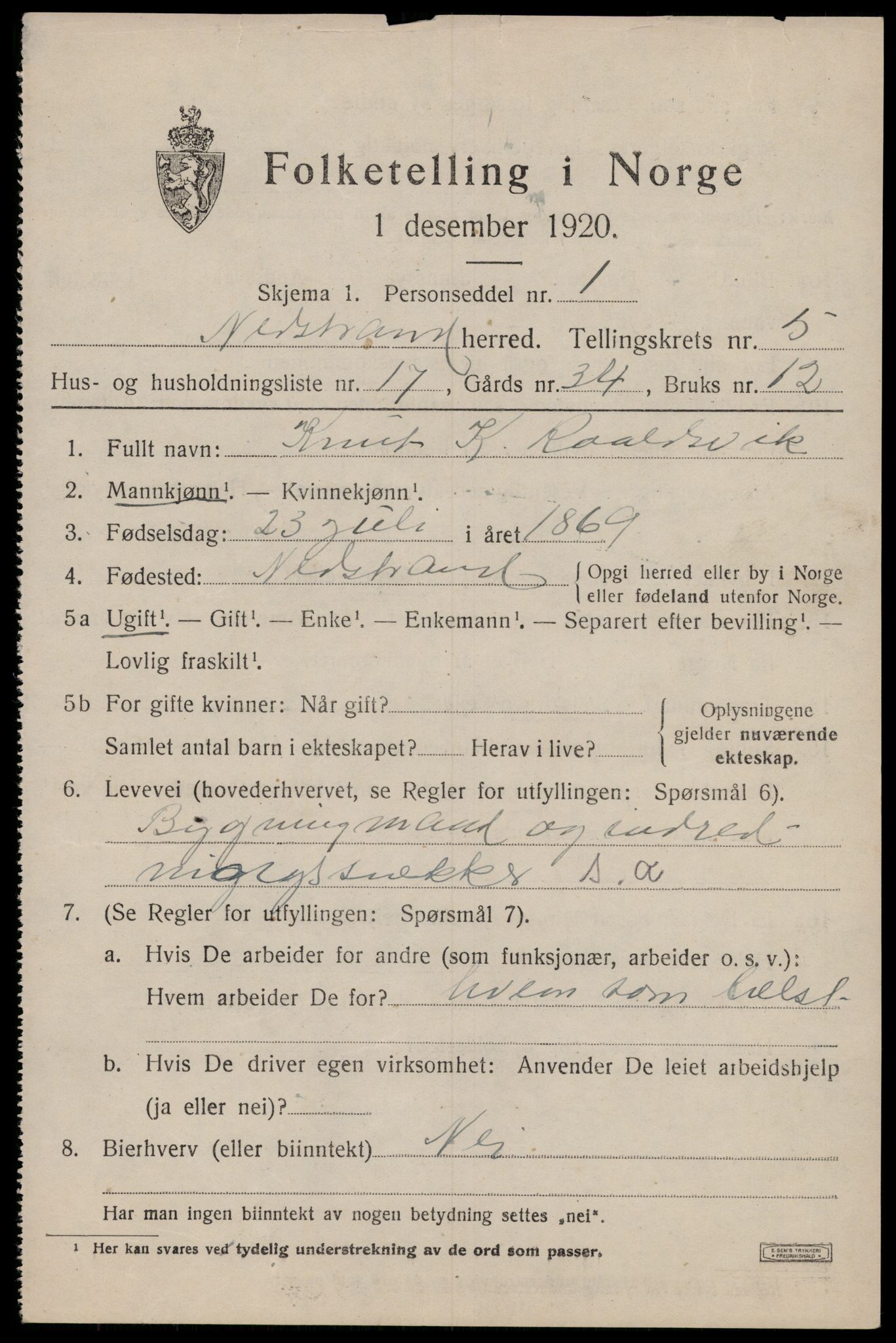 SAST, 1920 census for Nedstrand, 1920, p. 2471