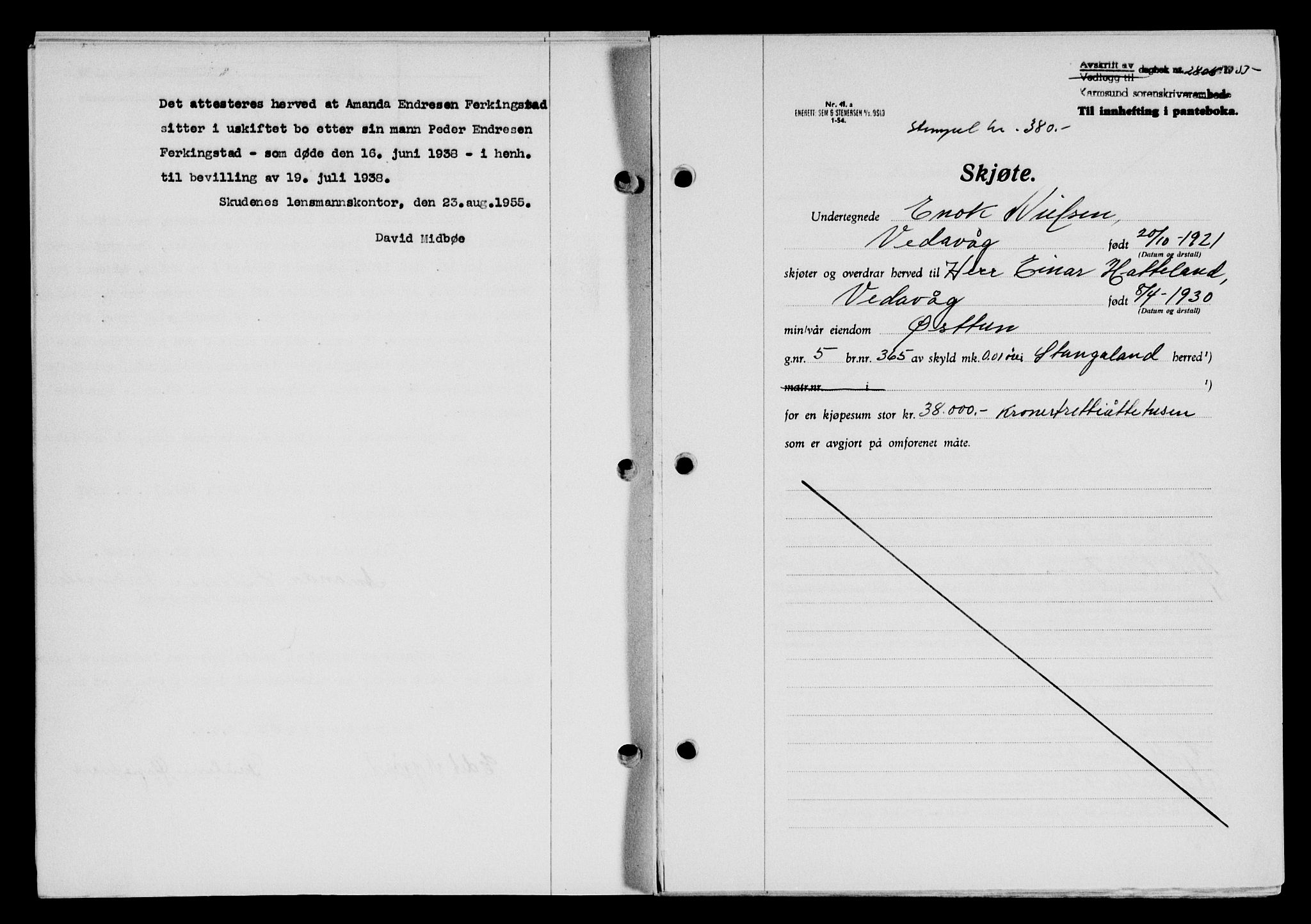 Karmsund sorenskriveri, SAST/A-100311/01/II/IIB/L0117: Mortgage book no. 97Aa, 1955-1955, Diary no: : 2806/1955