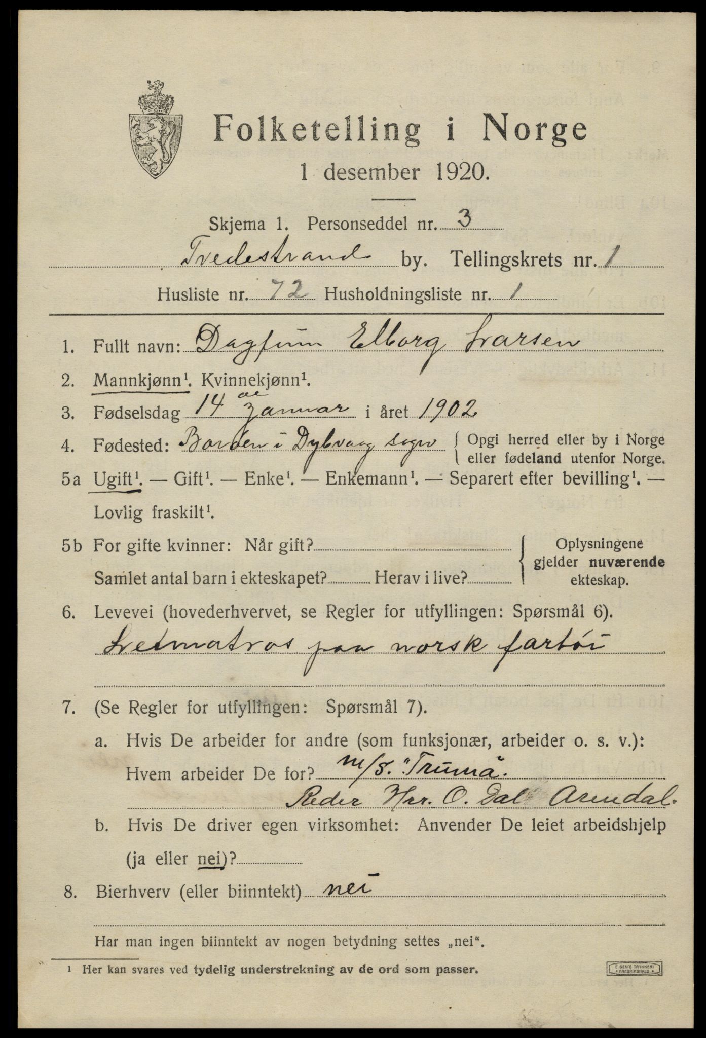 SAK, 1920 census for Tvedestrand, 1920, p. 2137