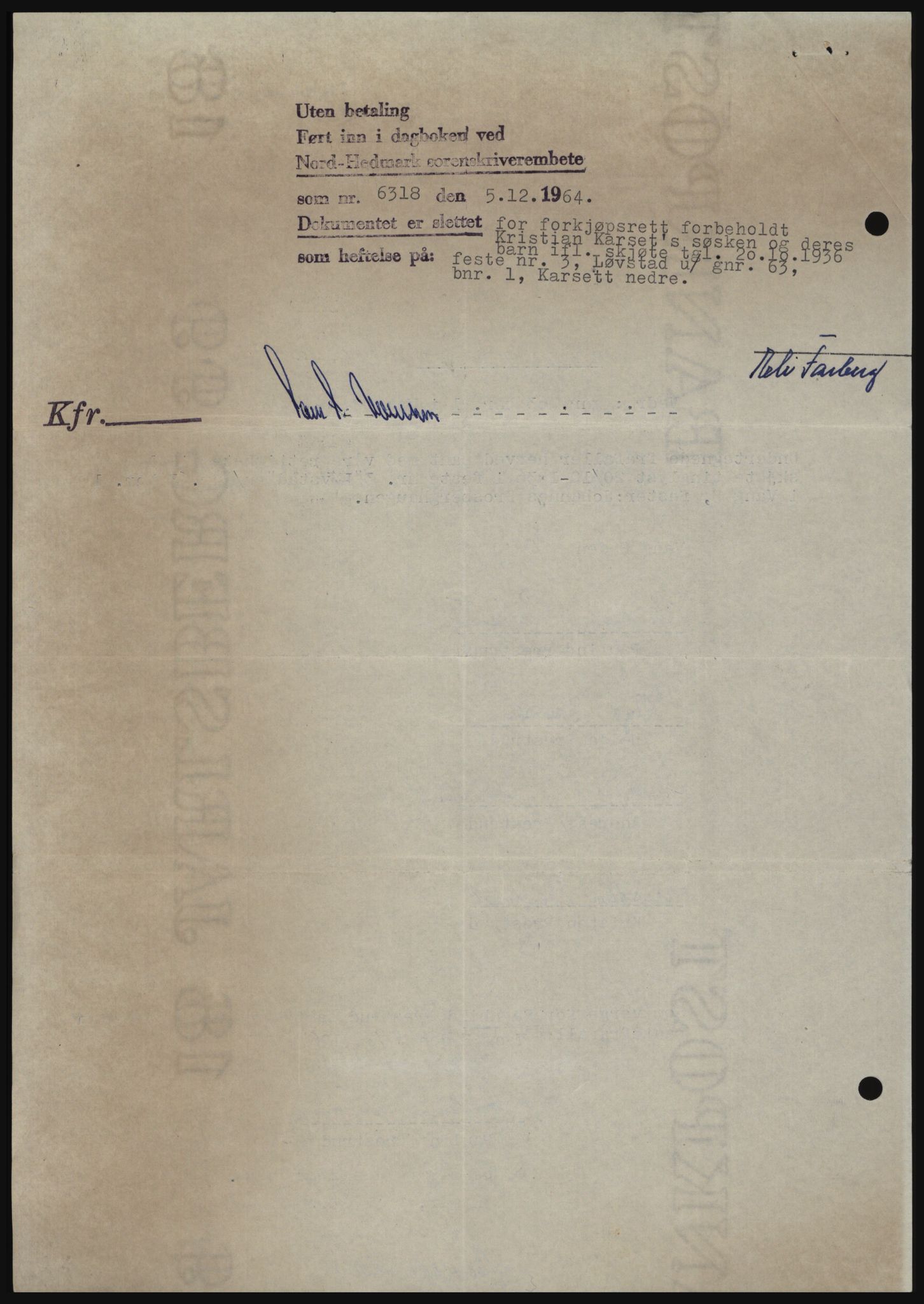 Nord-Hedmark sorenskriveri, SAH/TING-012/H/Hc/L0021: Mortgage book no. 21, 1964-1965, Diary no: : 6318/1964