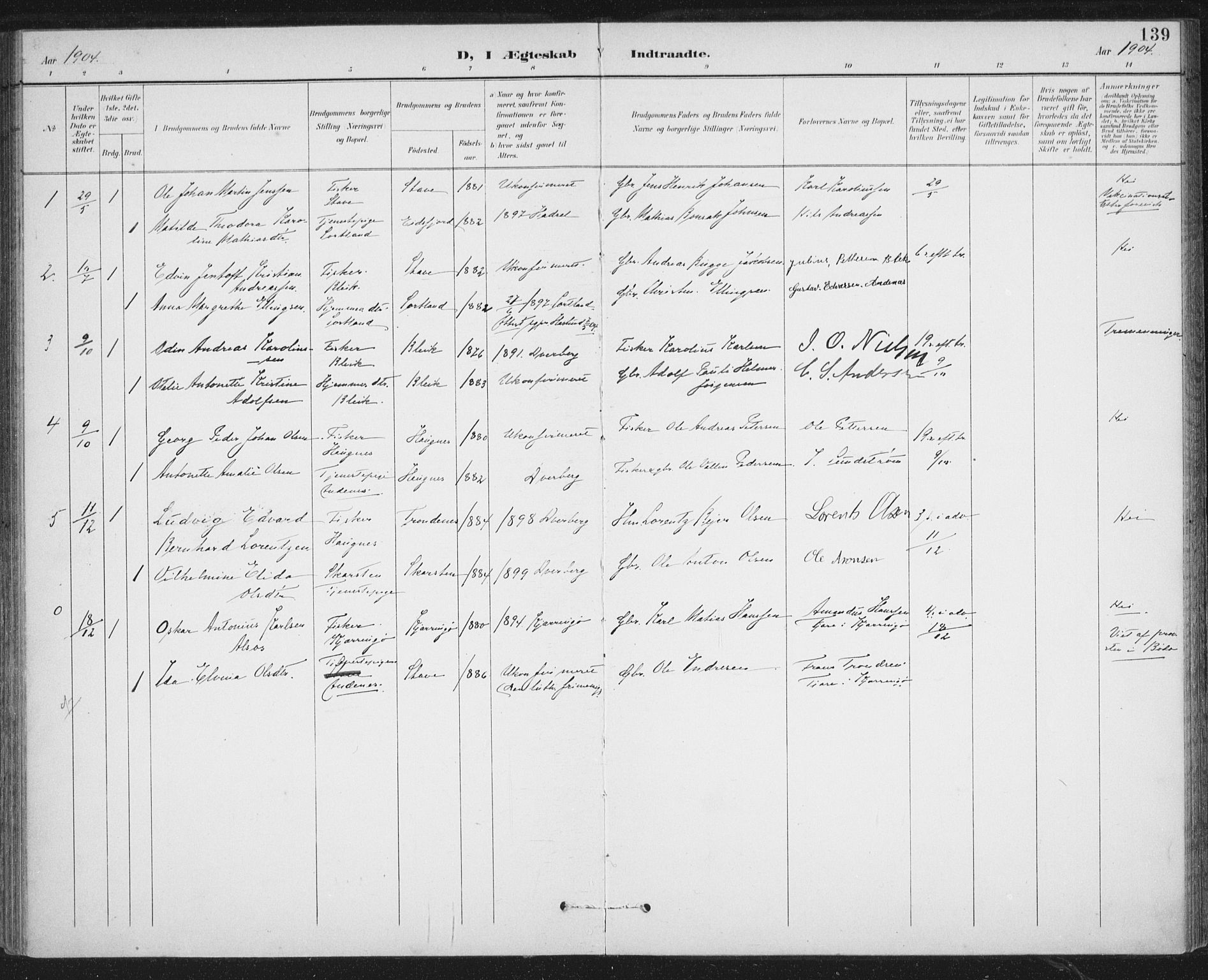 Ministerialprotokoller, klokkerbøker og fødselsregistre - Nordland, AV/SAT-A-1459/899/L1437: Parish register (official) no. 899A05, 1897-1908, p. 139