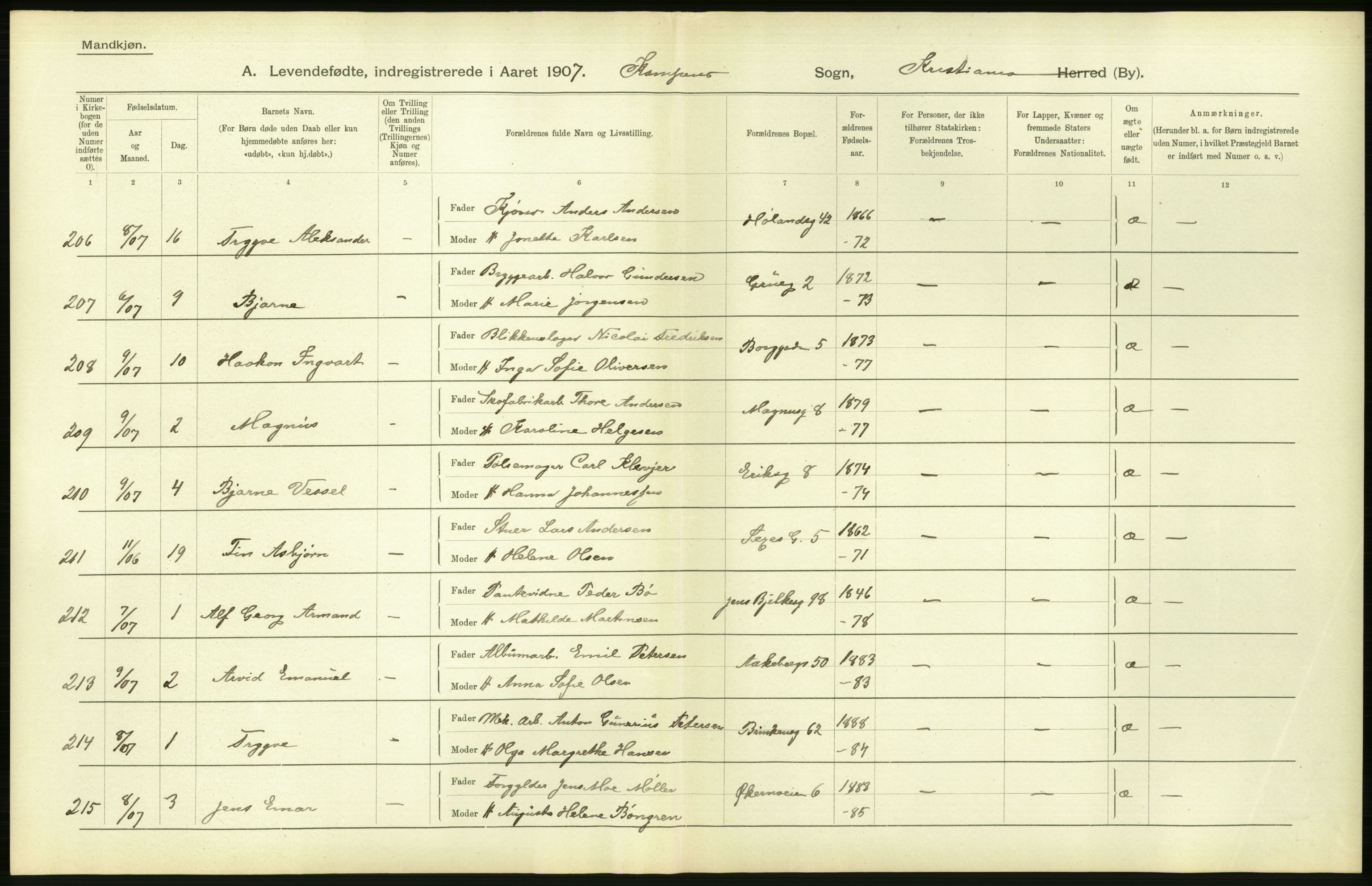 Statistisk sentralbyrå, Sosiodemografiske emner, Befolkning, AV/RA-S-2228/D/Df/Dfa/Dfae/L0007: Kristiania: Levendefødte menn og kvinner., 1907, p. 436