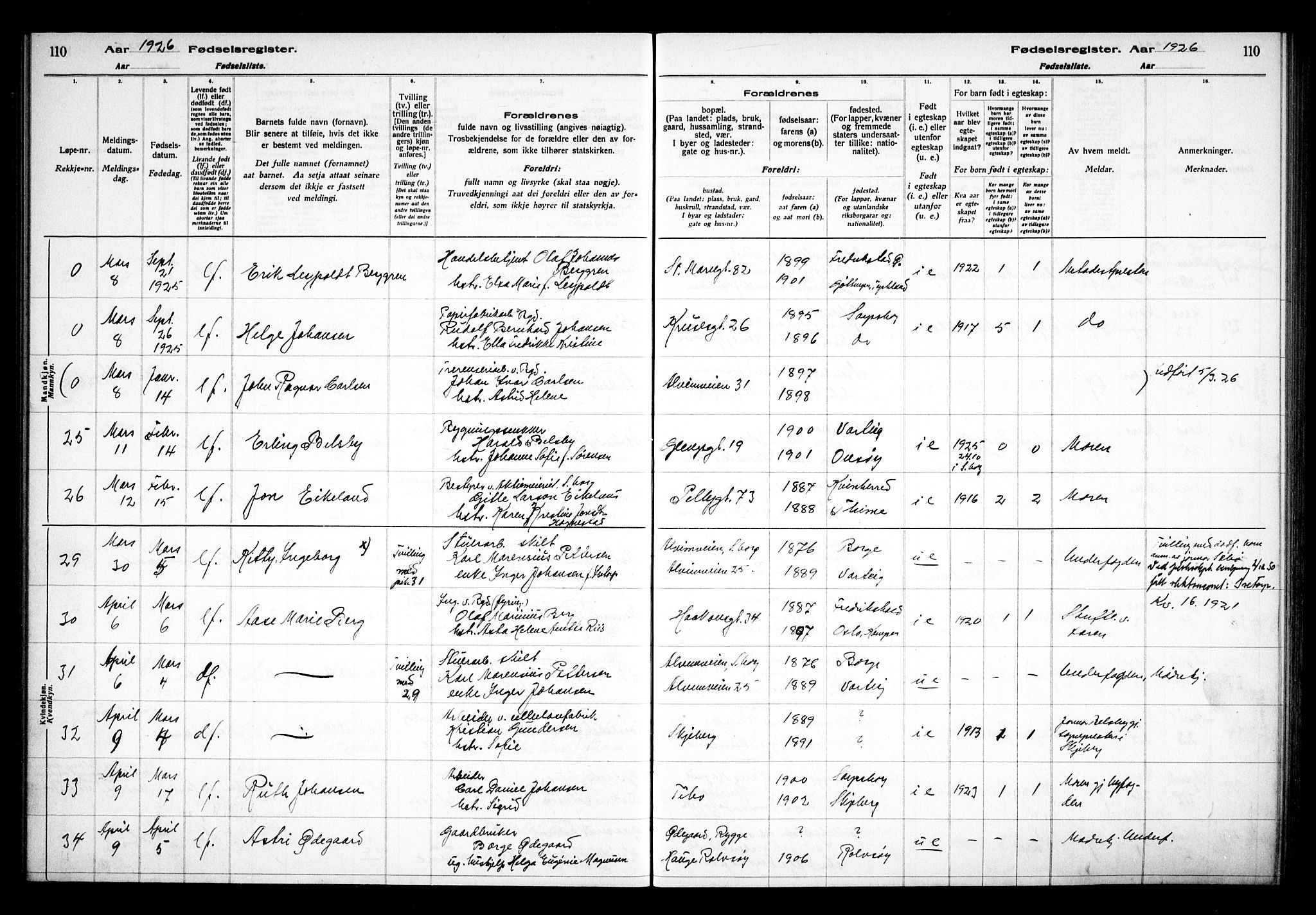 Sarpsborg prestekontor Kirkebøker, AV/SAO-A-2006/J/Ja/L0002: Birth register no. 2, 1922-1928, p. 110