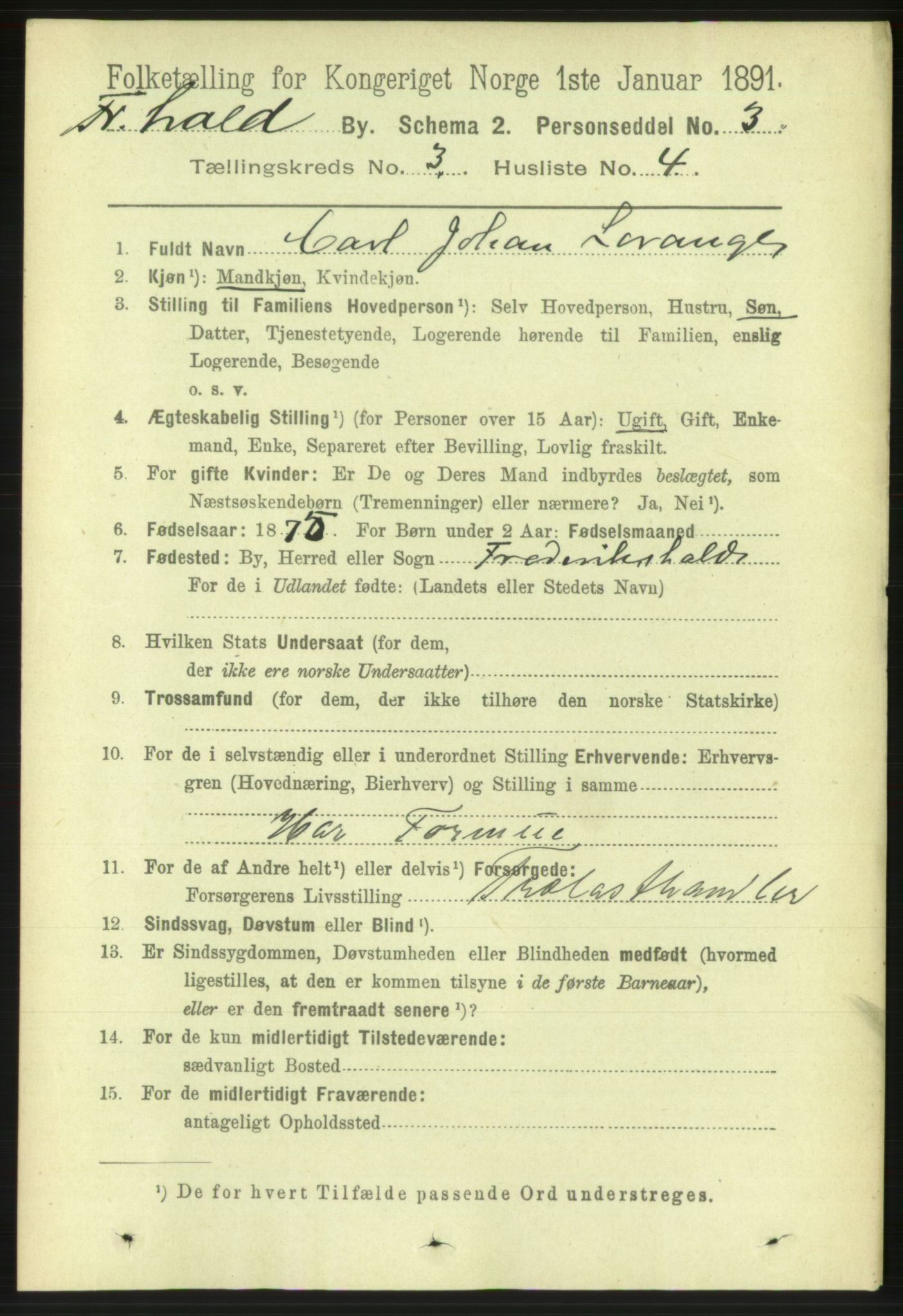 RA, 1891 census for 0101 Fredrikshald, 1891, p. 3267