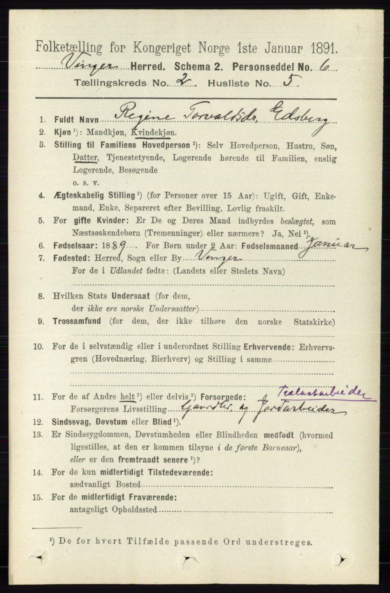 RA, 1891 census for 0421 Vinger, 1891, p. 486