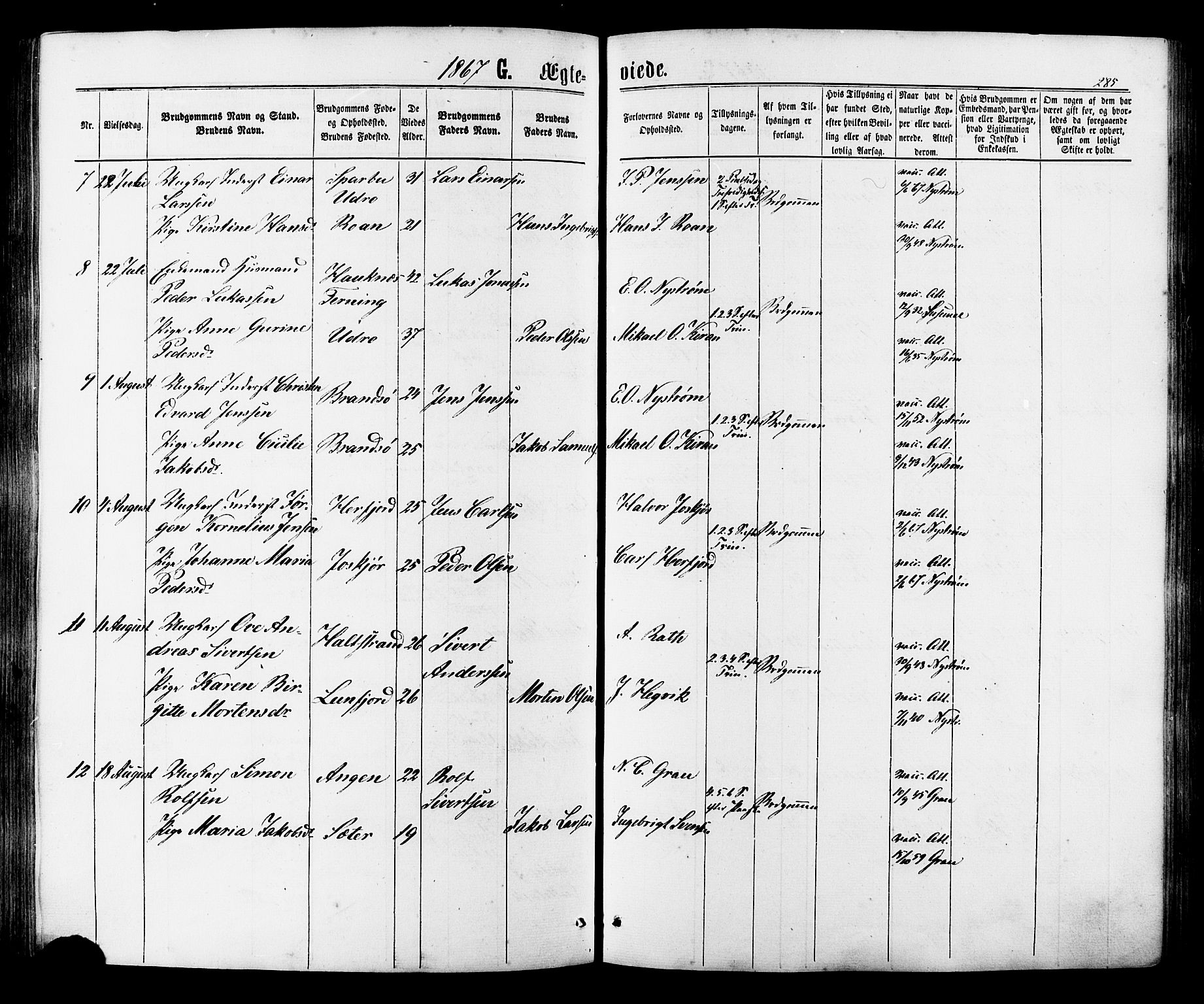 Ministerialprotokoller, klokkerbøker og fødselsregistre - Sør-Trøndelag, AV/SAT-A-1456/657/L0706: Parish register (official) no. 657A07, 1867-1878, p. 285