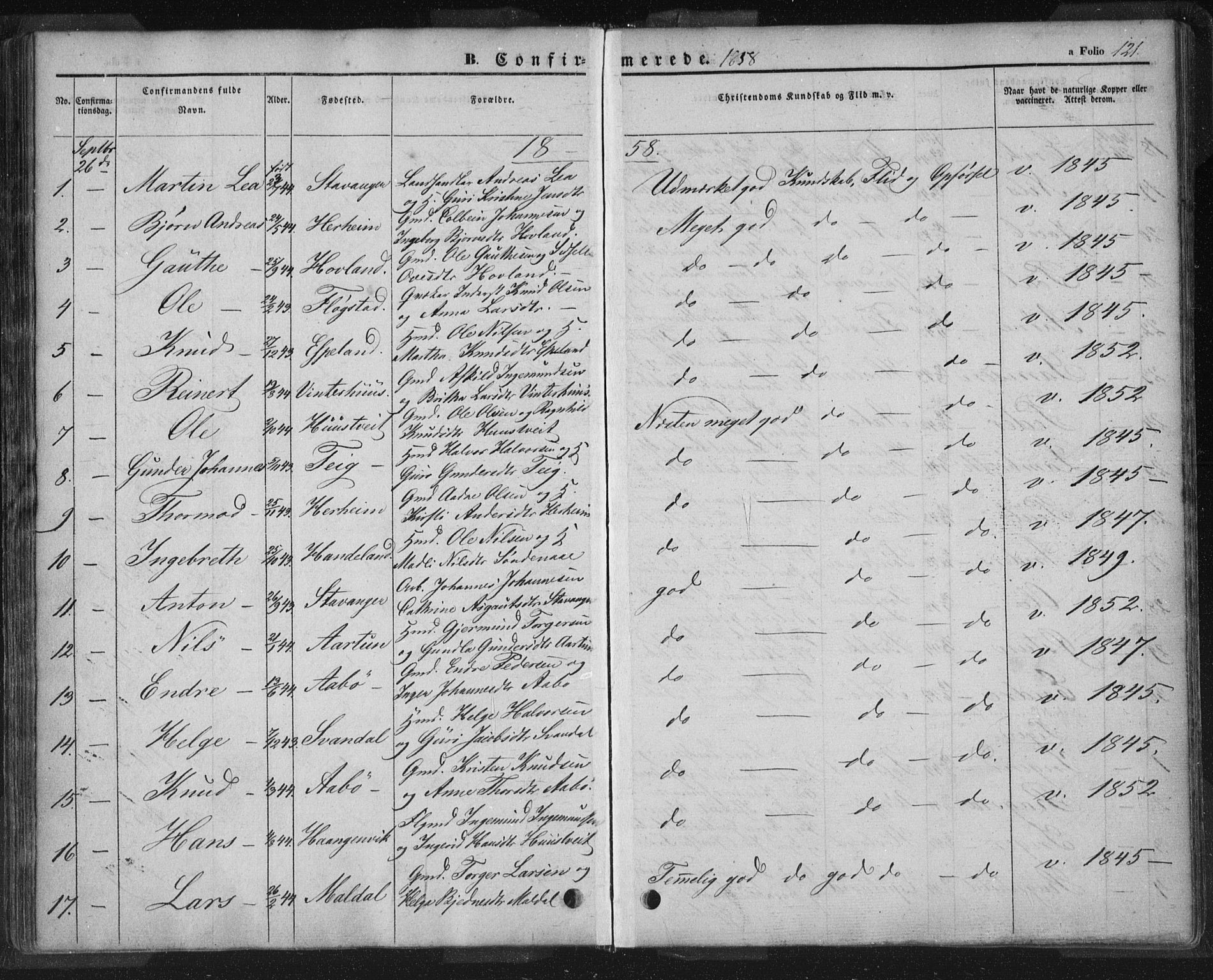 Sand sokneprestkontor, AV/SAST-A-101848/01/III/L0002: Parish register (official) no. A 2, 1838-1859, p. 121