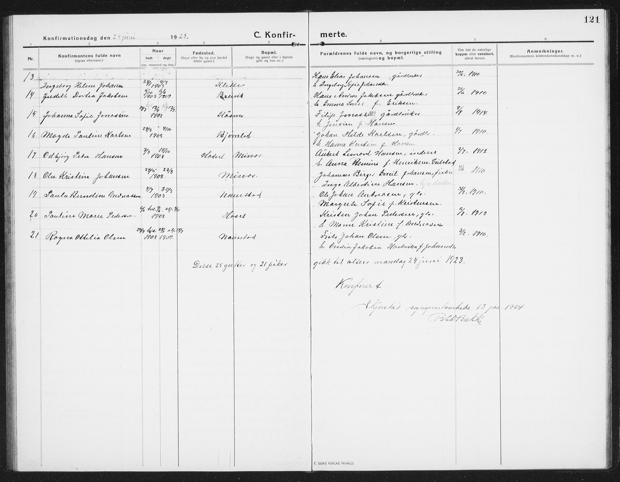 Ministerialprotokoller, klokkerbøker og fødselsregistre - Nordland, AV/SAT-A-1459/852/L0757: Parish register (copy) no. 852C08, 1916-1934, p. 121