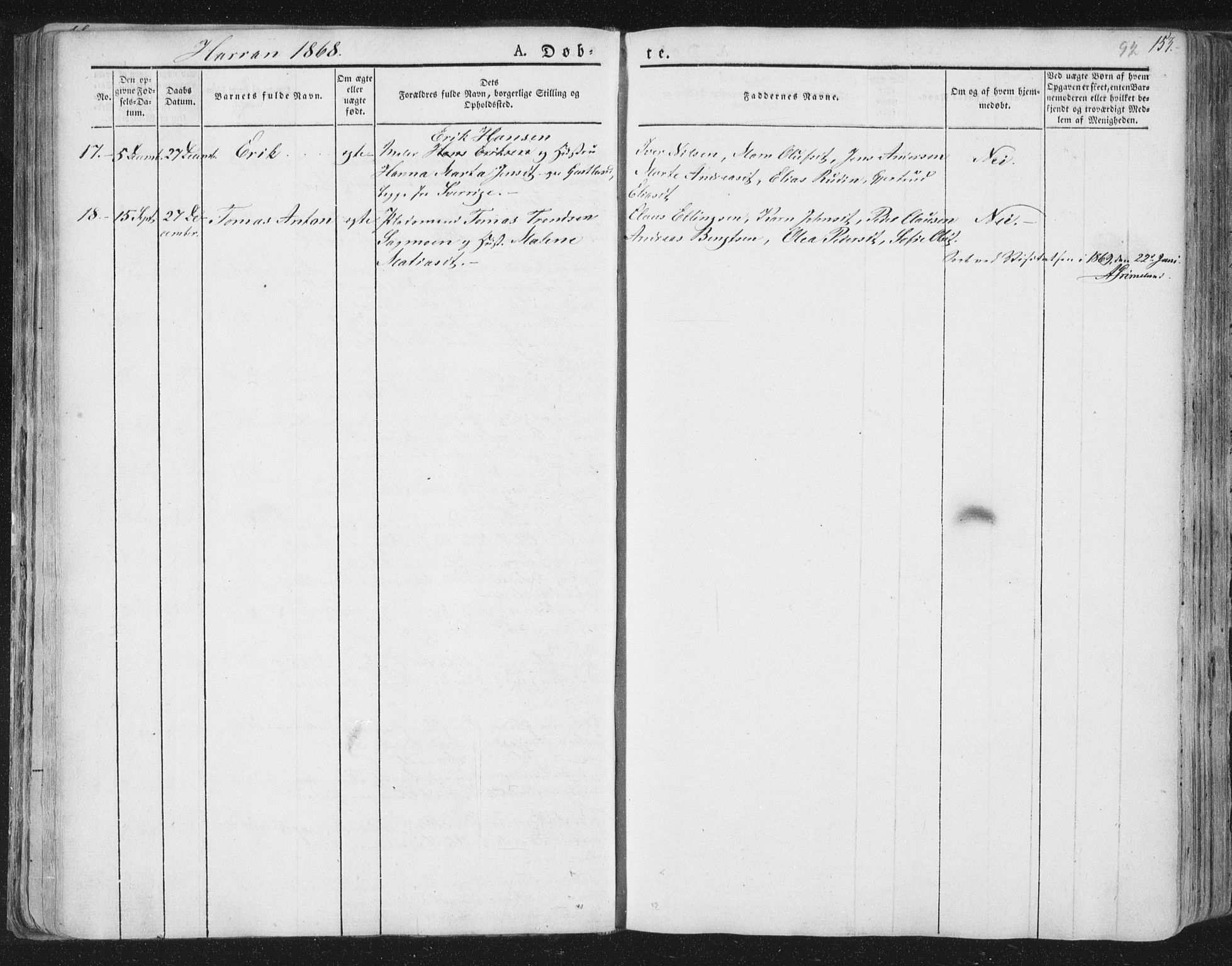 Ministerialprotokoller, klokkerbøker og fødselsregistre - Nord-Trøndelag, AV/SAT-A-1458/758/L0513: Parish register (official) no. 758A02 /3, 1839-1868, p. 92