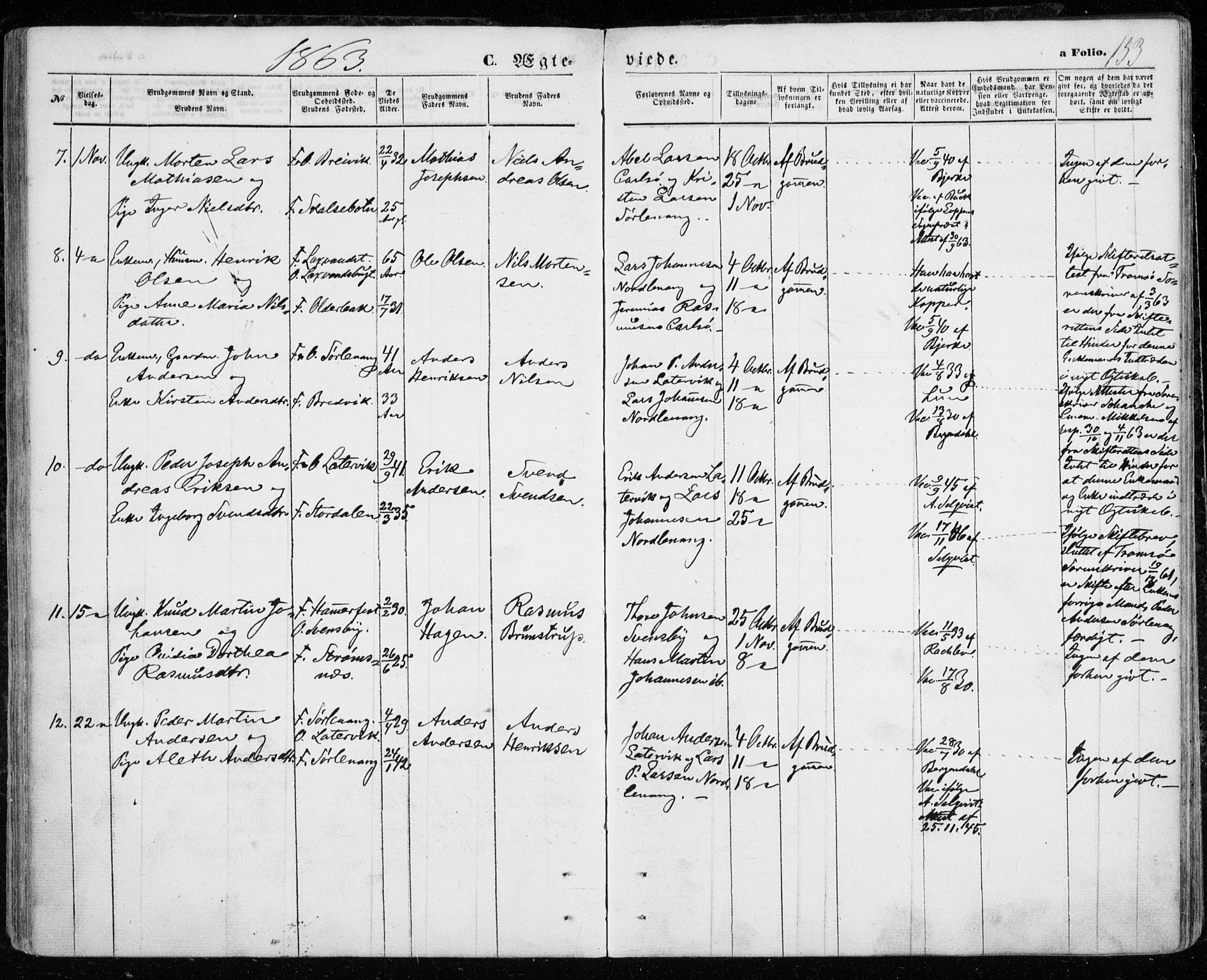 Karlsøy sokneprestembete, AV/SATØ-S-1299/H/Ha/Haa/L0004kirke: Parish register (official) no. 4, 1861-1871, p. 153