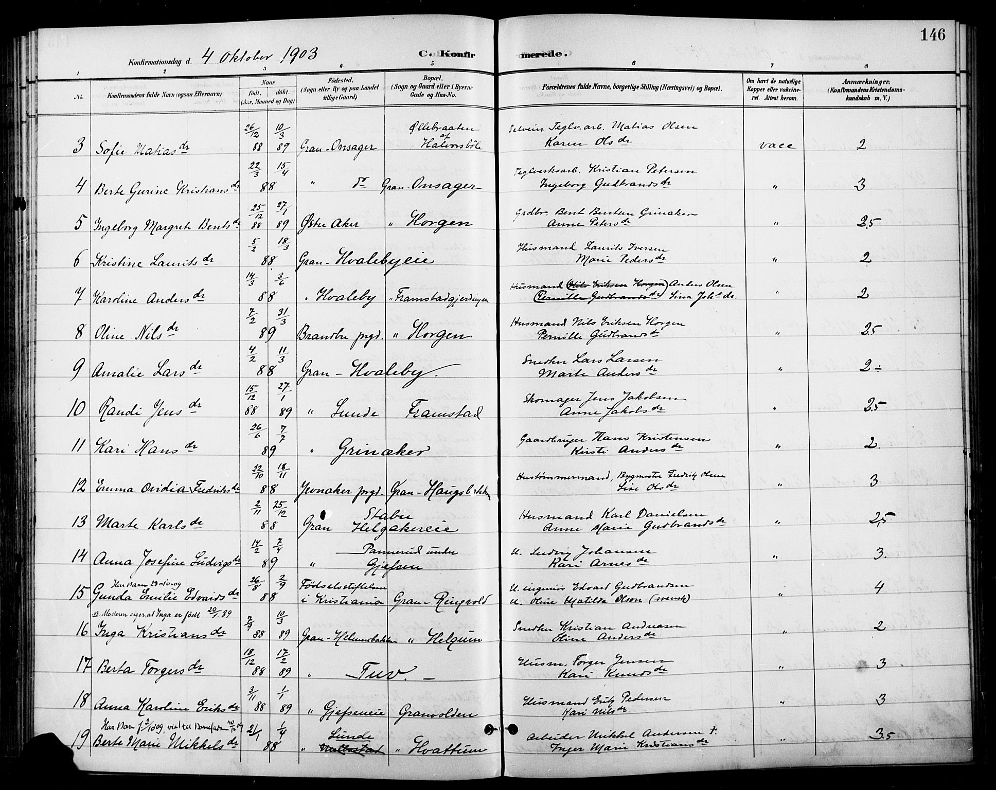 Gran prestekontor, AV/SAH-PREST-112/H/Ha/Haa/L0019: Parish register (official) no. 19, 1898-1907, p. 146