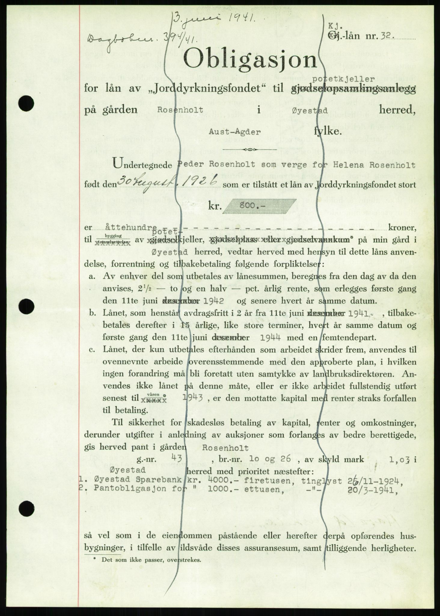 Nedenes sorenskriveri, AV/SAK-1221-0006/G/Gb/Gbb/L0001: Mortgage book no. I, 1939-1942, Diary no: : 394/1941