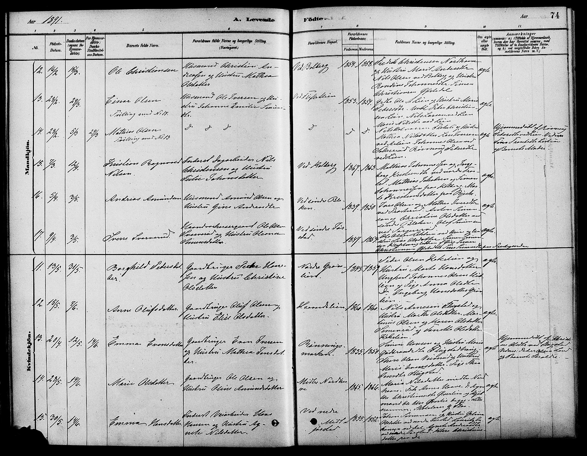 Fåberg prestekontor, AV/SAH-PREST-086/H/Ha/Haa/L0008: Parish register (official) no. 8, 1879-1898, p. 74