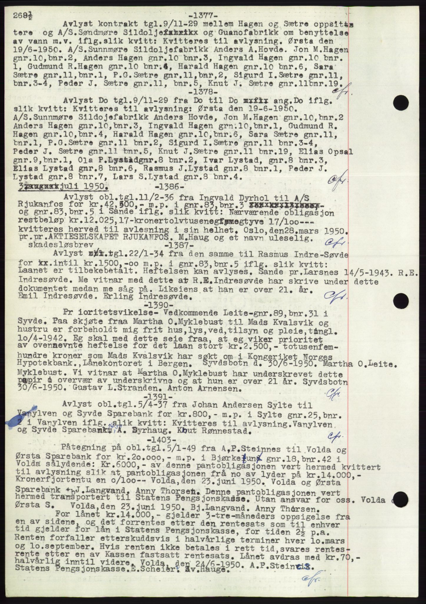 Søre Sunnmøre sorenskriveri, AV/SAT-A-4122/1/2/2C/L0072: Mortgage book no. 66, 1941-1955, Diary no: : 1377/1950