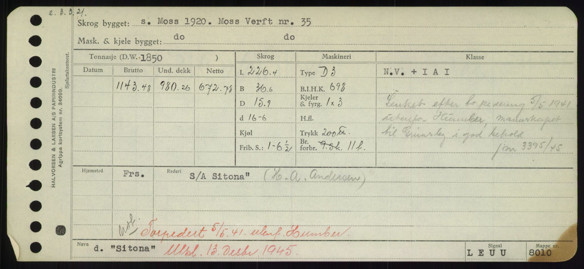 Sjøfartsdirektoratet med forløpere, Skipsmålingen, RA/S-1627/H/Hd/L0033: Fartøy, Sevi-Sjø, p. 295