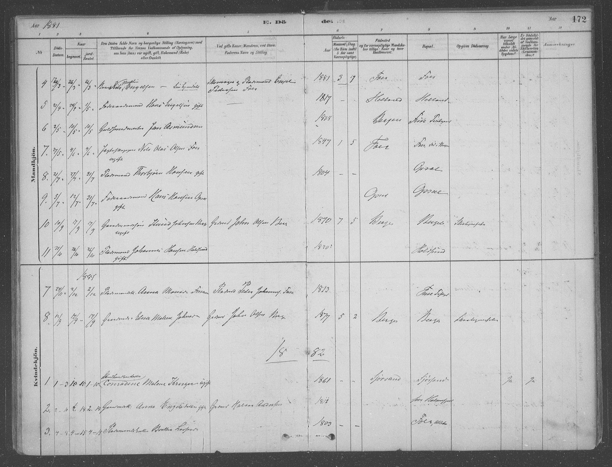 Fusa sokneprestembete, AV/SAB-A-75401/H/Haa: Parish register (official) no. B 1, 1880-1938, p. 172