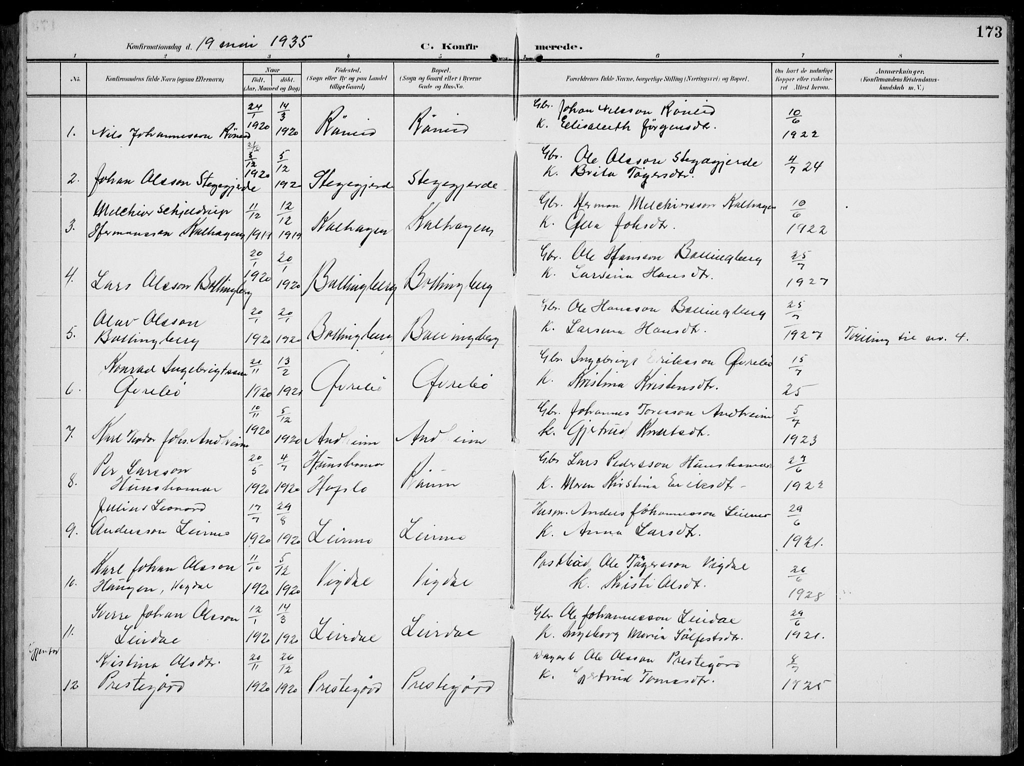 Jostedal sokneprestembete, SAB/A-80601/H/Hab/Habc/L0001: Parish register (copy) no. C 1, 1903-1939, p. 173