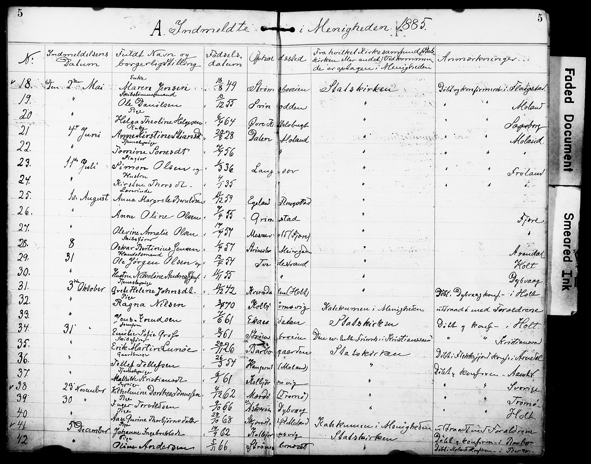 Den evangelisk-lutherske frimenighet, Arendal, AV/SAK-1292-0005/F/Fa/L0002: Dissenter register no. F 6, 1884-1908, p. 5