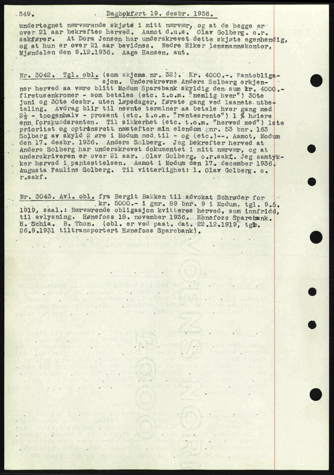 Eiker, Modum og Sigdal sorenskriveri, SAKO/A-123/G/Ga/Gab/L0034: Mortgage book no. A4, 1936-1937, Diary no: : 3042/1936