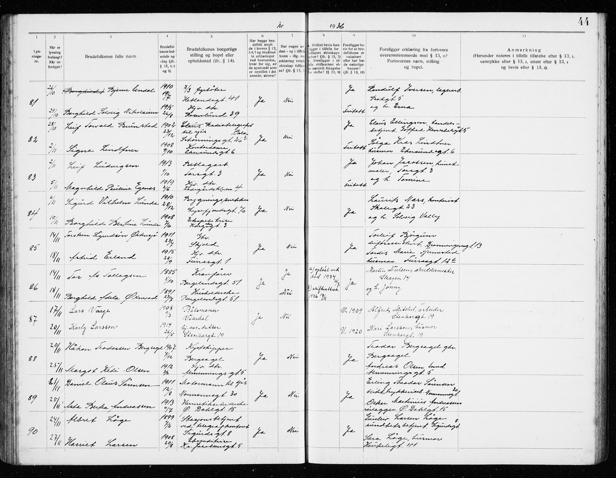 St. Petri sokneprestkontor, AV/SAST-A-101813/001/70/705BA/L0008: Banns register no. 705.BA.8, 1932-1941, p. 44