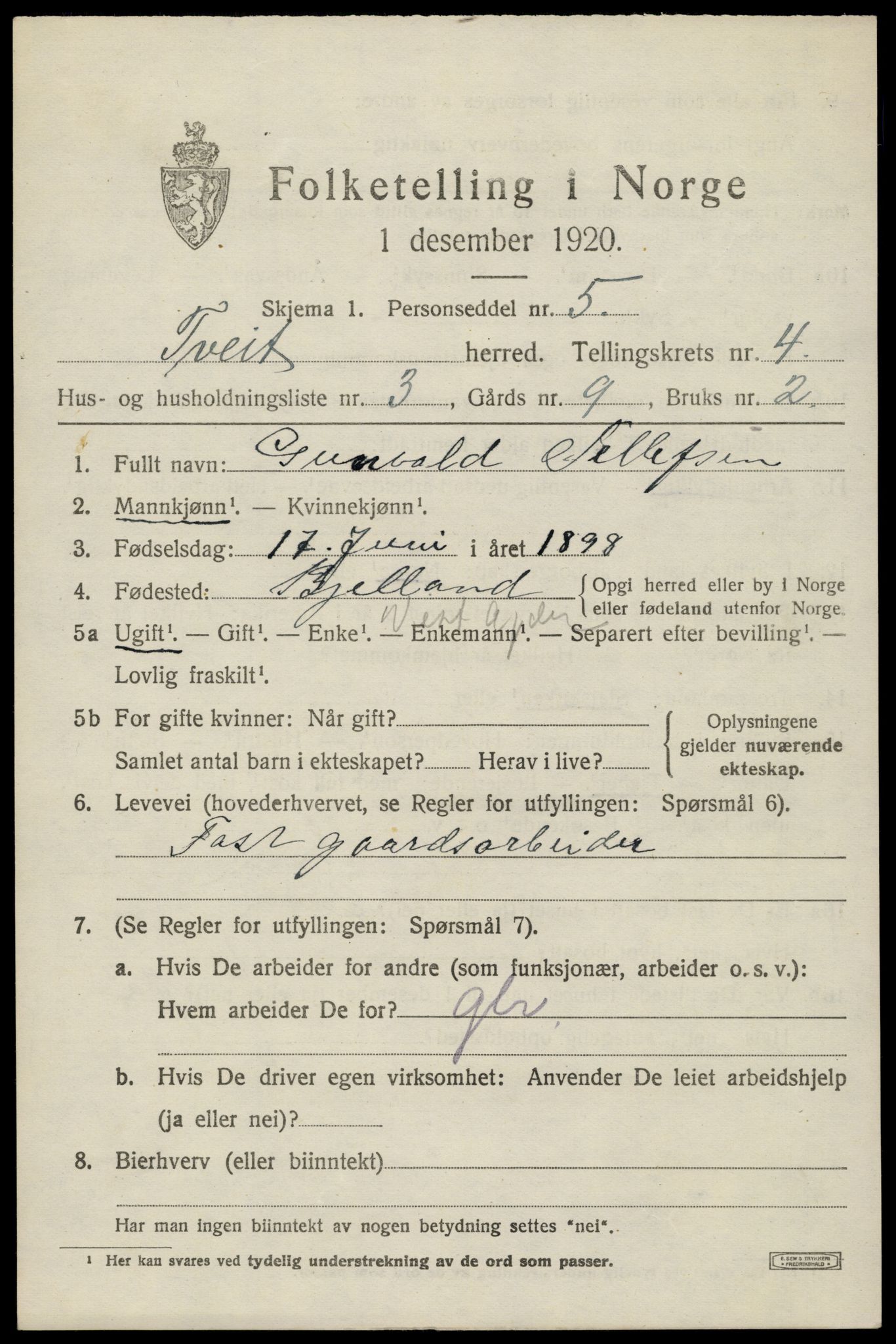 SAK, 1920 census for Tveit, 1920, p. 2008