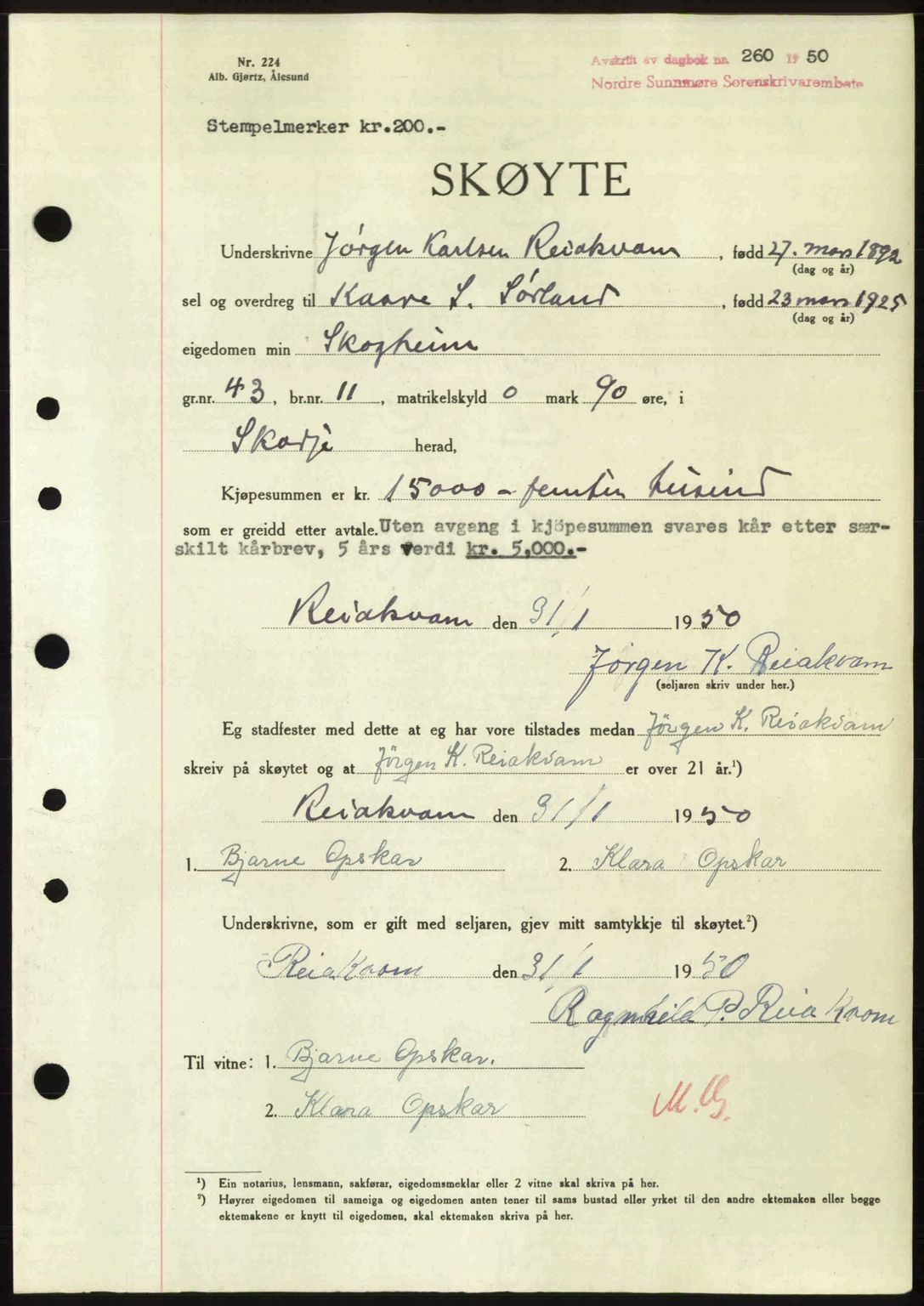 Nordre Sunnmøre sorenskriveri, AV/SAT-A-0006/1/2/2C/2Ca: Mortgage book no. A33, 1949-1950, Diary no: : 260/1950