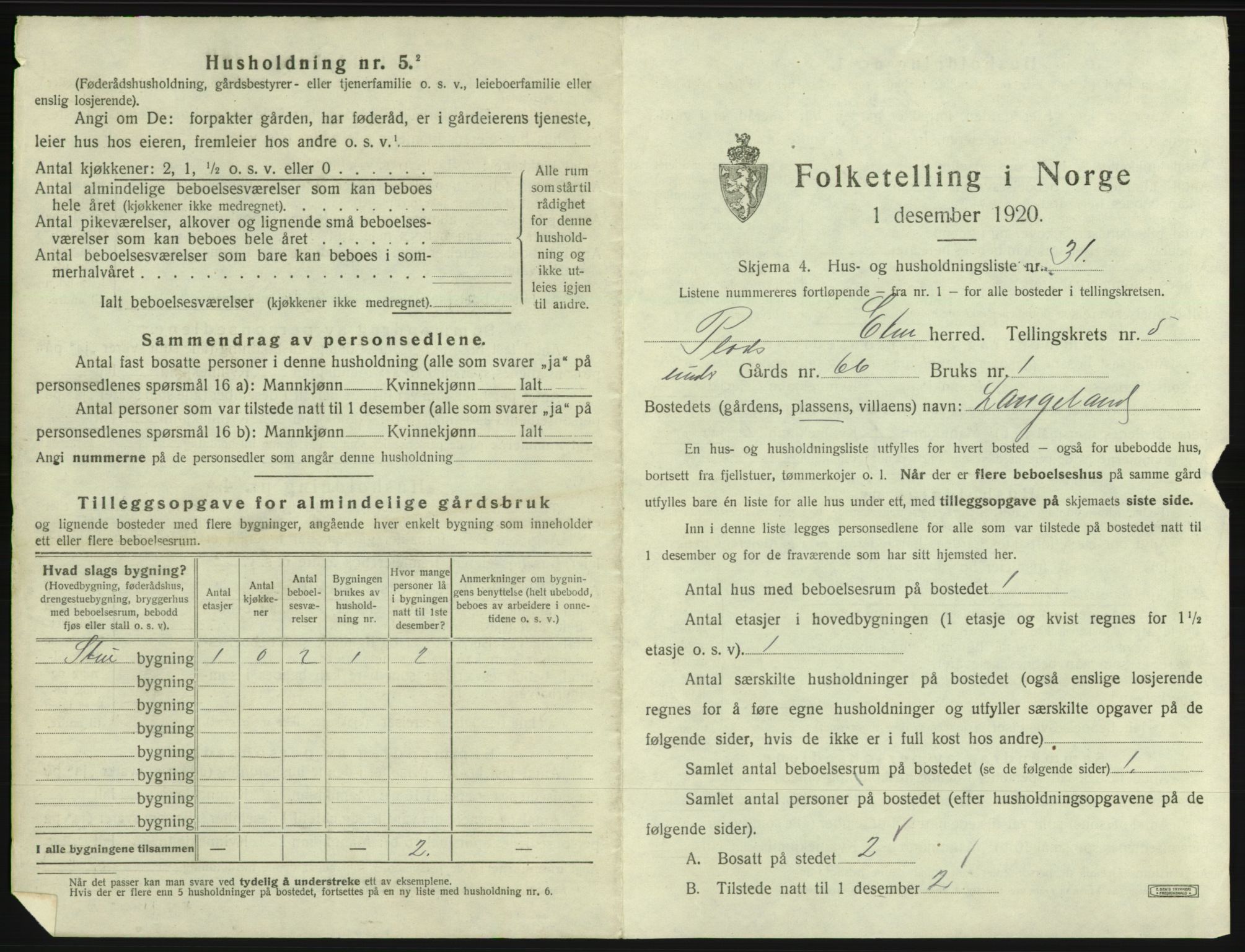 SAB, 1920 census for Etne, 1920, p. 411