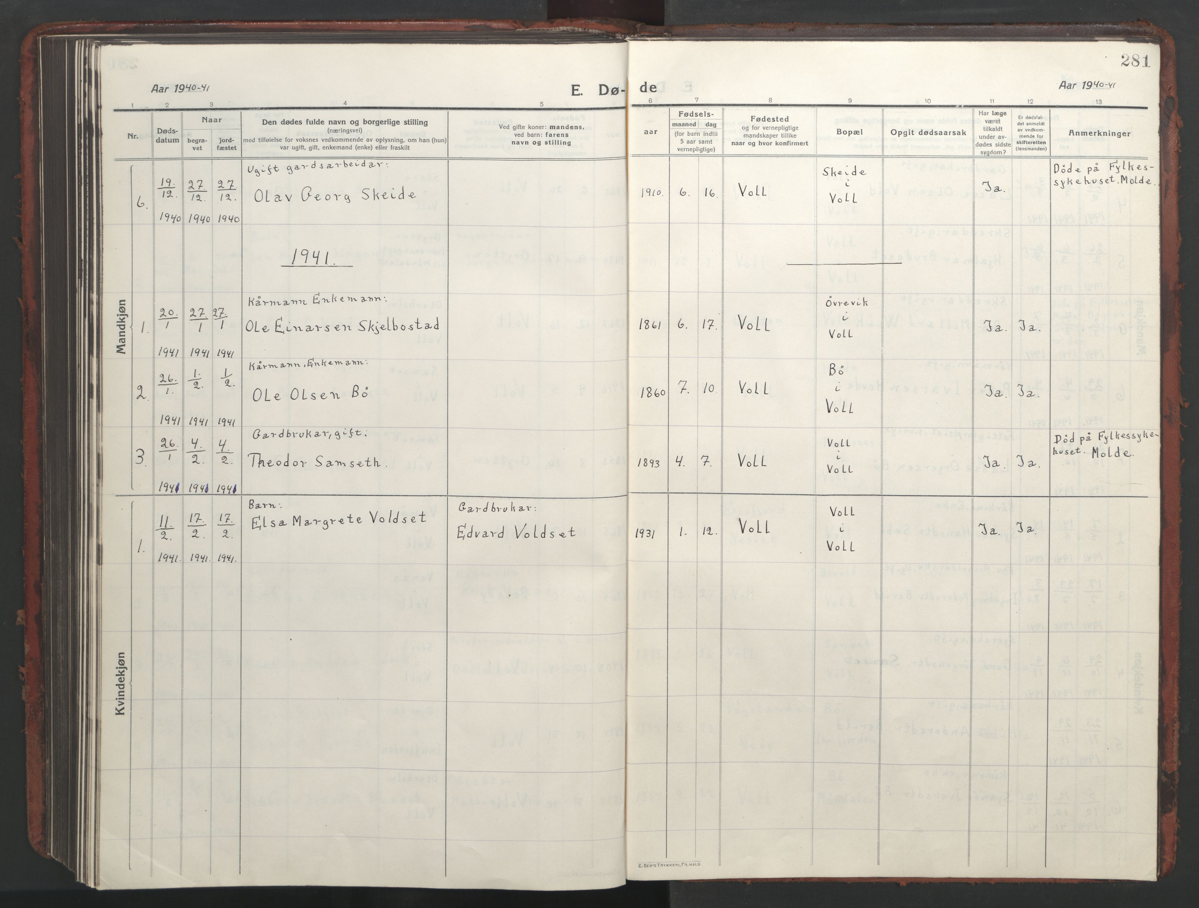 Ministerialprotokoller, klokkerbøker og fødselsregistre - Møre og Romsdal, SAT/A-1454/543/L0565: Parish register (copy) no. 543C03, 1916-1955, p. 281