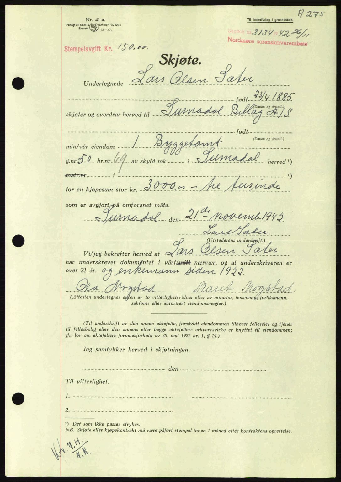 Nordmøre sorenskriveri, AV/SAT-A-4132/1/2/2Ca: Mortgage book no. A94, 1942-1943, Diary no: : 3134/1942