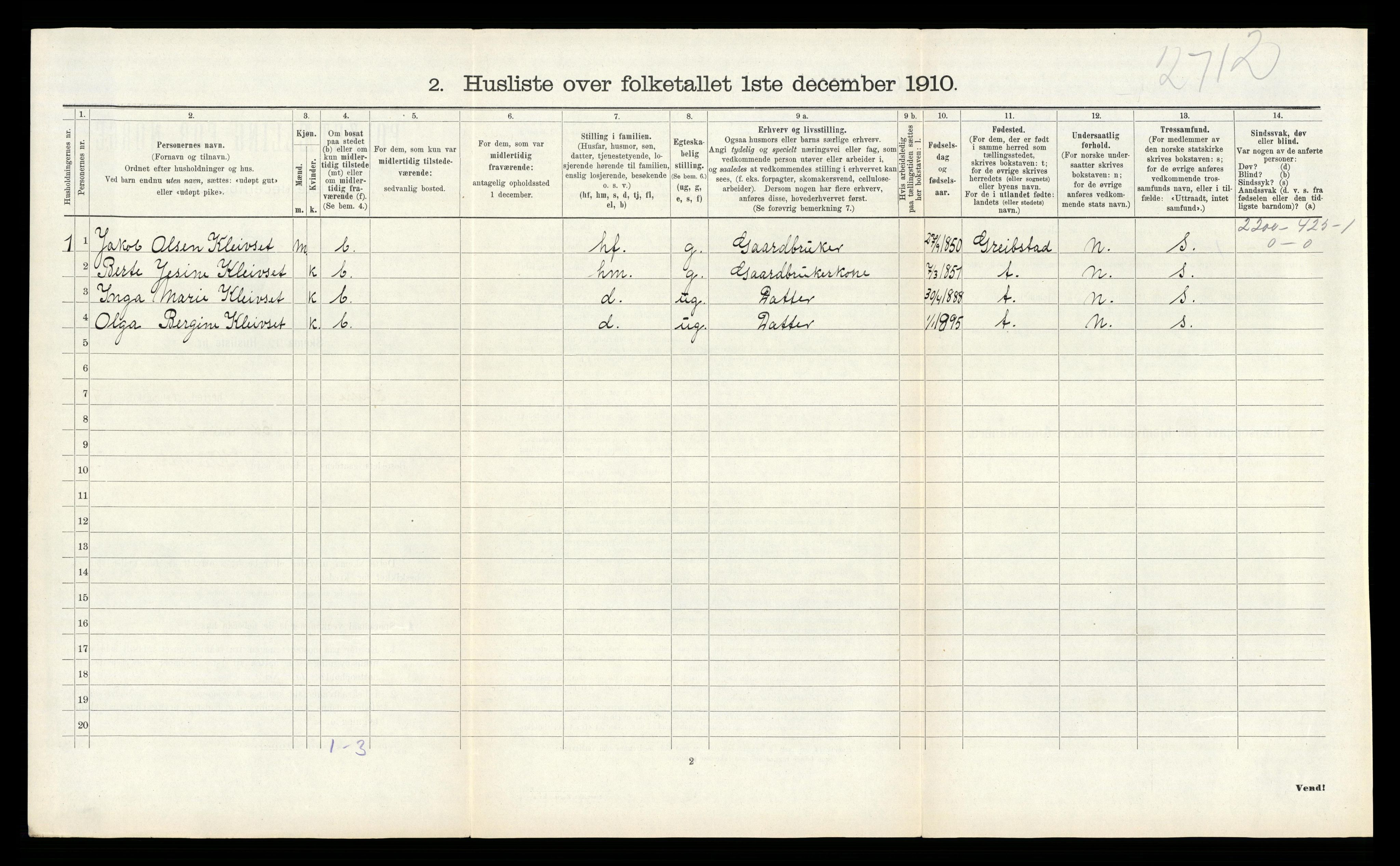 RA, 1910 census for Søgne, 1910, p. 1213