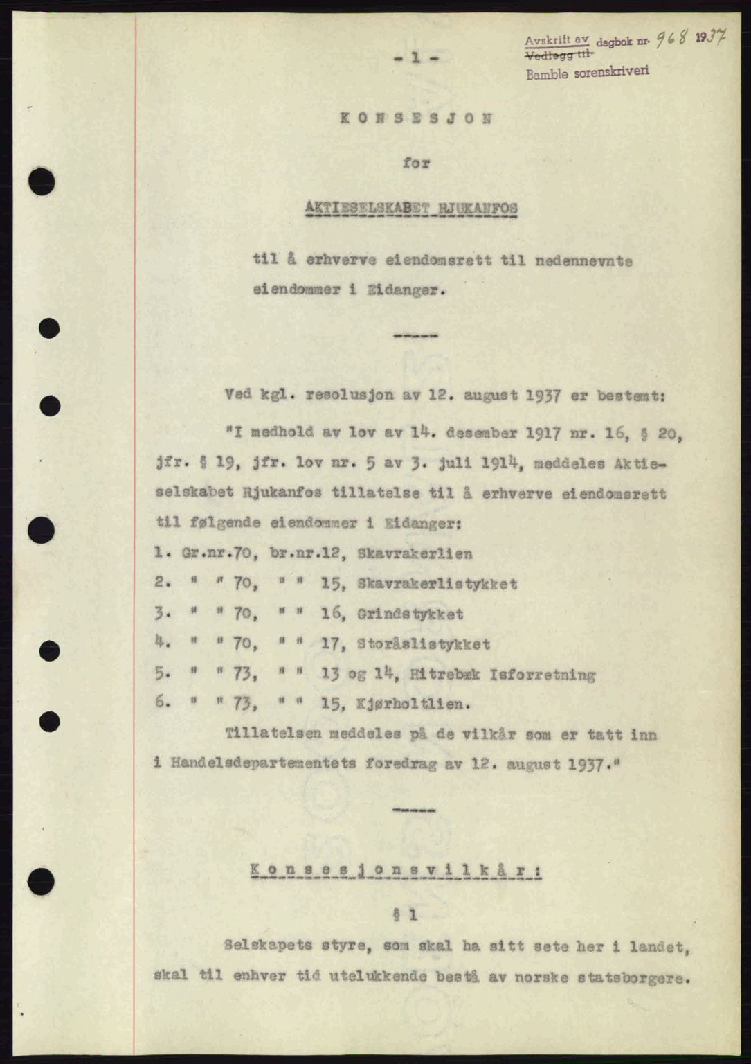 Bamble sorenskriveri, AV/SAKO-A-214/G/Ga/Gag/L0002: Mortgage book no. A-2, 1937-1938, Diary no: : 968/1937