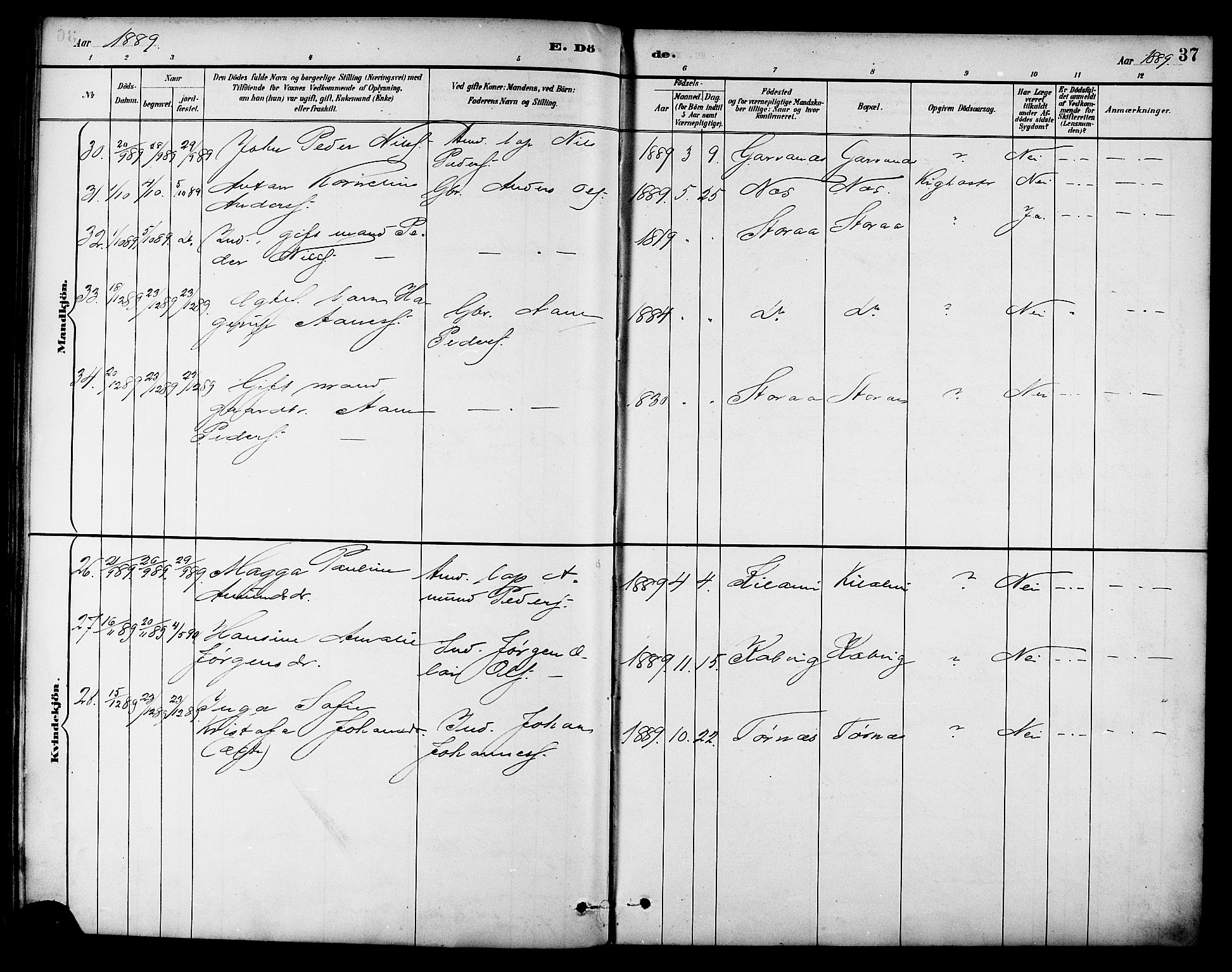 Ministerialprotokoller, klokkerbøker og fødselsregistre - Nordland, AV/SAT-A-1459/861/L0870: Parish register (official) no. 861A05, 1889-1903, p. 37