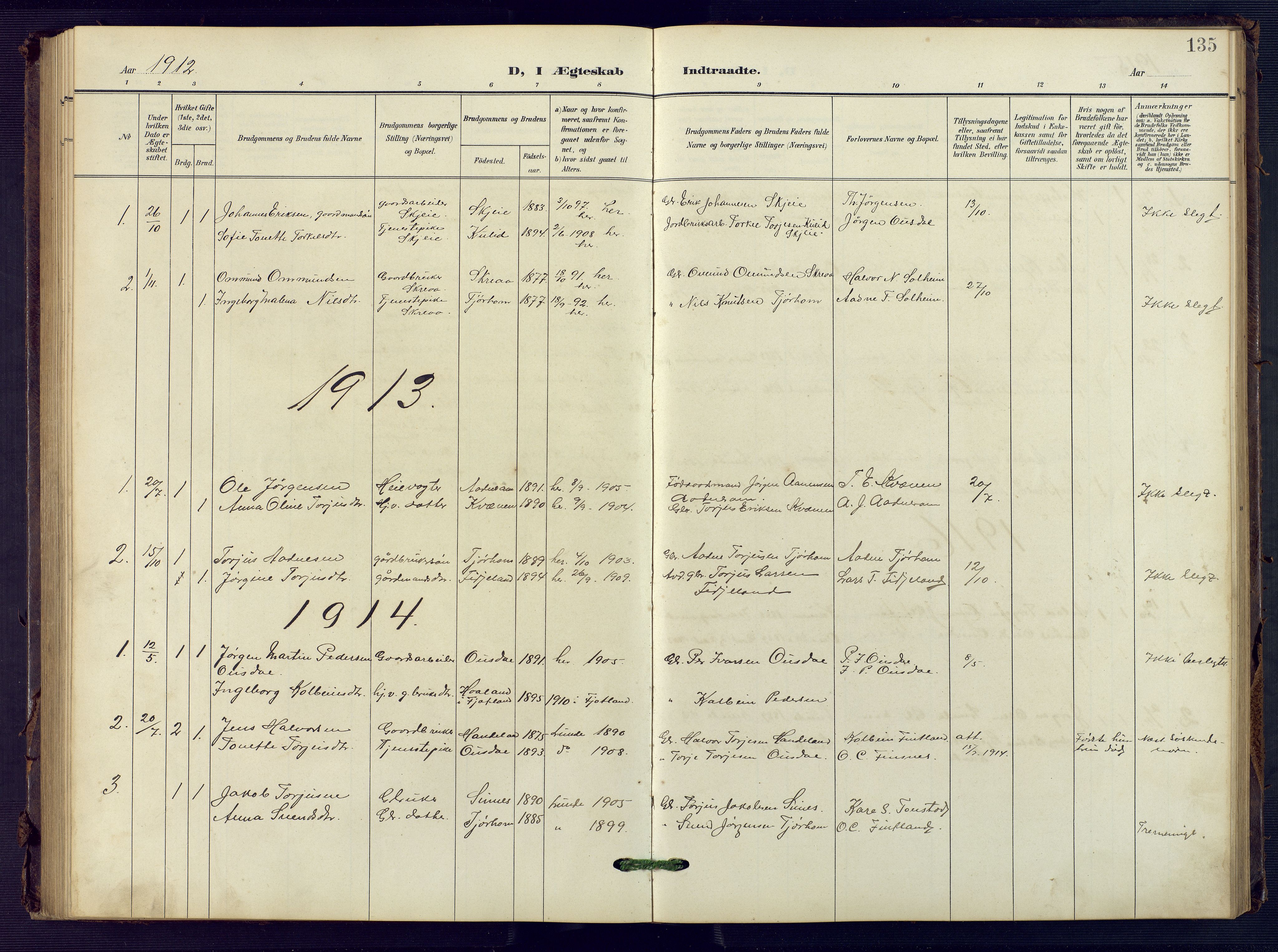 Sirdal sokneprestkontor, SAK/1111-0036/F/Fb/Fba/L0002: Parish register (copy) no. B 2, 1905-1958, p. 135