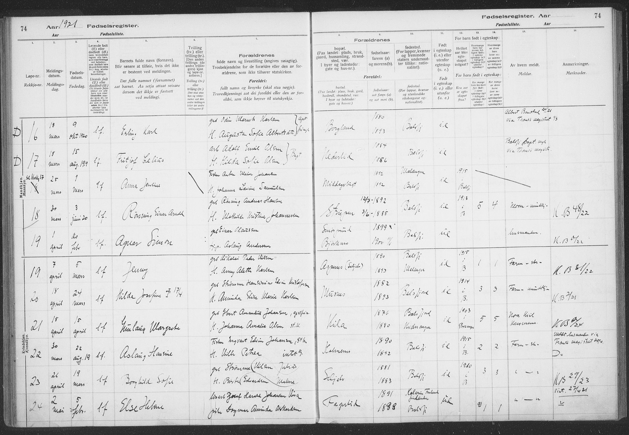 Balsfjord sokneprestembete, AV/SATØ-S-1303/H/Hb/L0059: Birth register no. 59, 1916-1930, p. 74