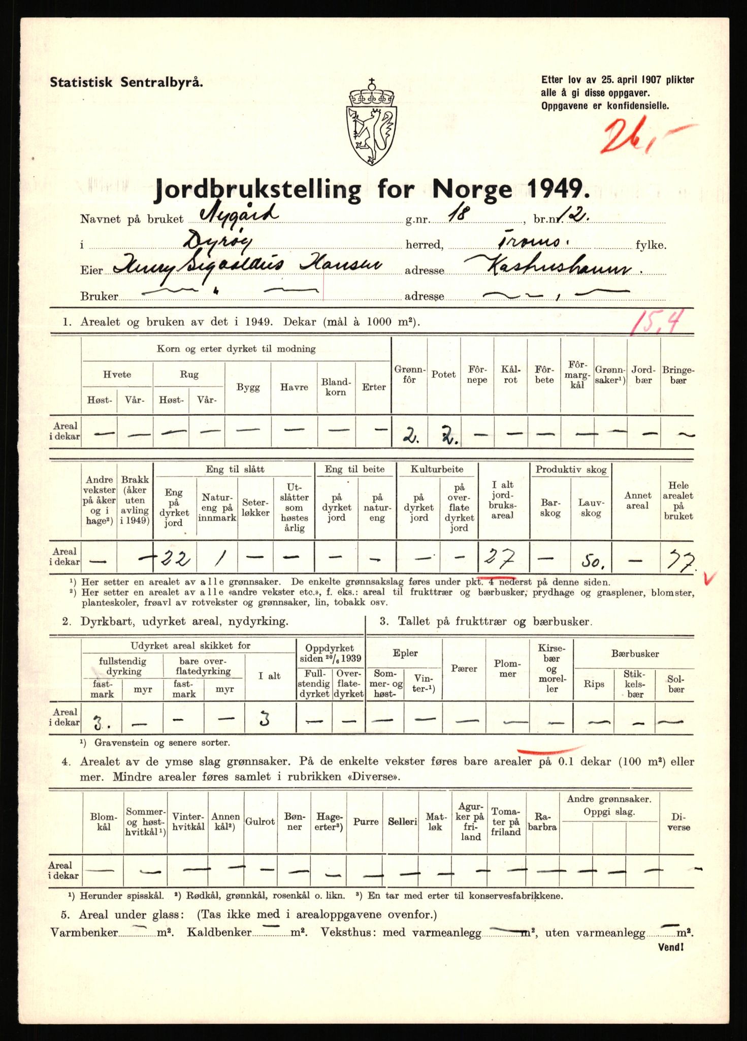 Statistisk sentralbyrå, Næringsøkonomiske emner, Jordbruk, skogbruk, jakt, fiske og fangst, AV/RA-S-2234/G/Gc/L0440: Troms: Sørreisa og Dyrøy, 1949, p. 1274