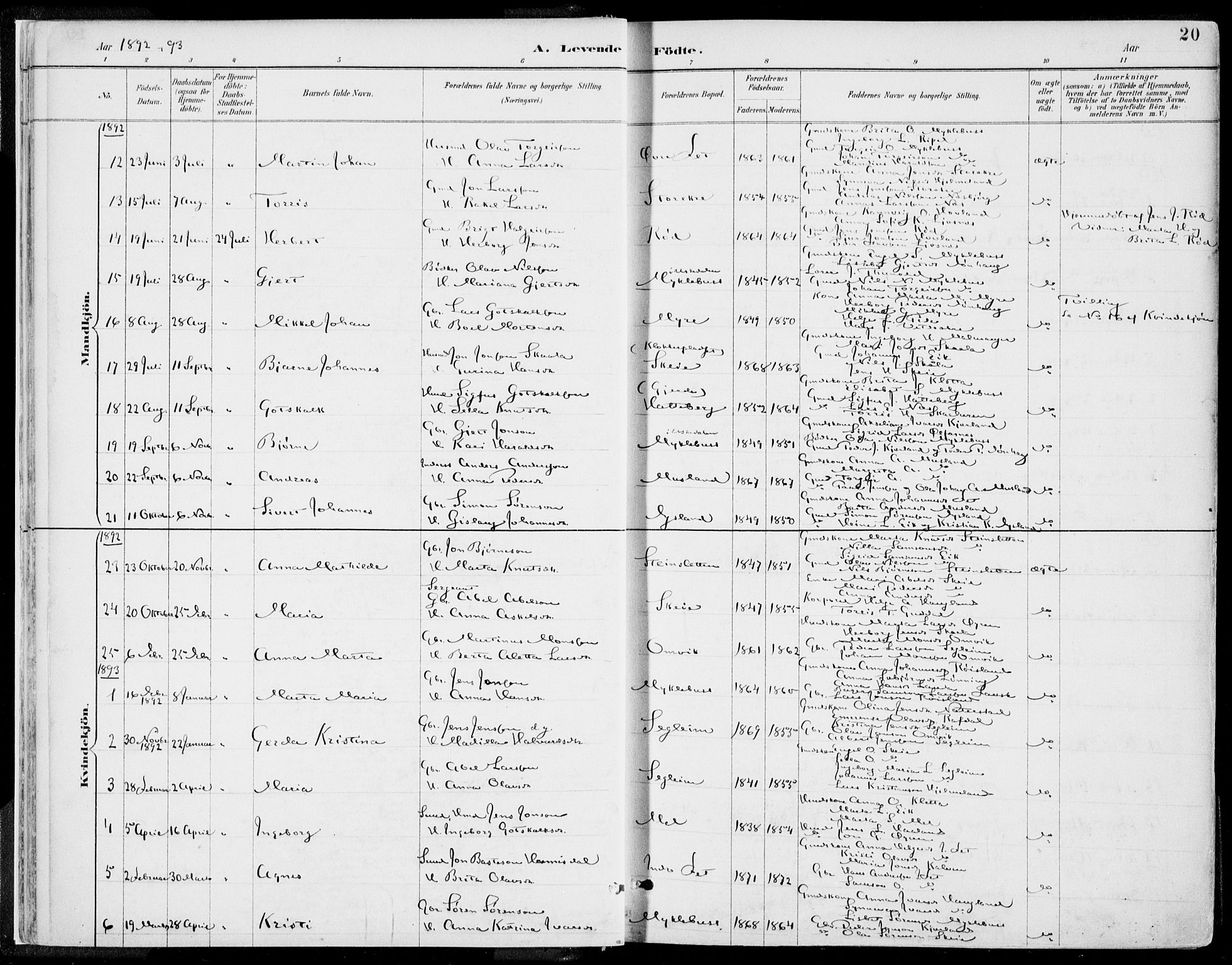 Kvinnherad sokneprestembete, AV/SAB-A-76401/H/Haa: Parish register (official) no. B  1, 1887-1921, p. 20