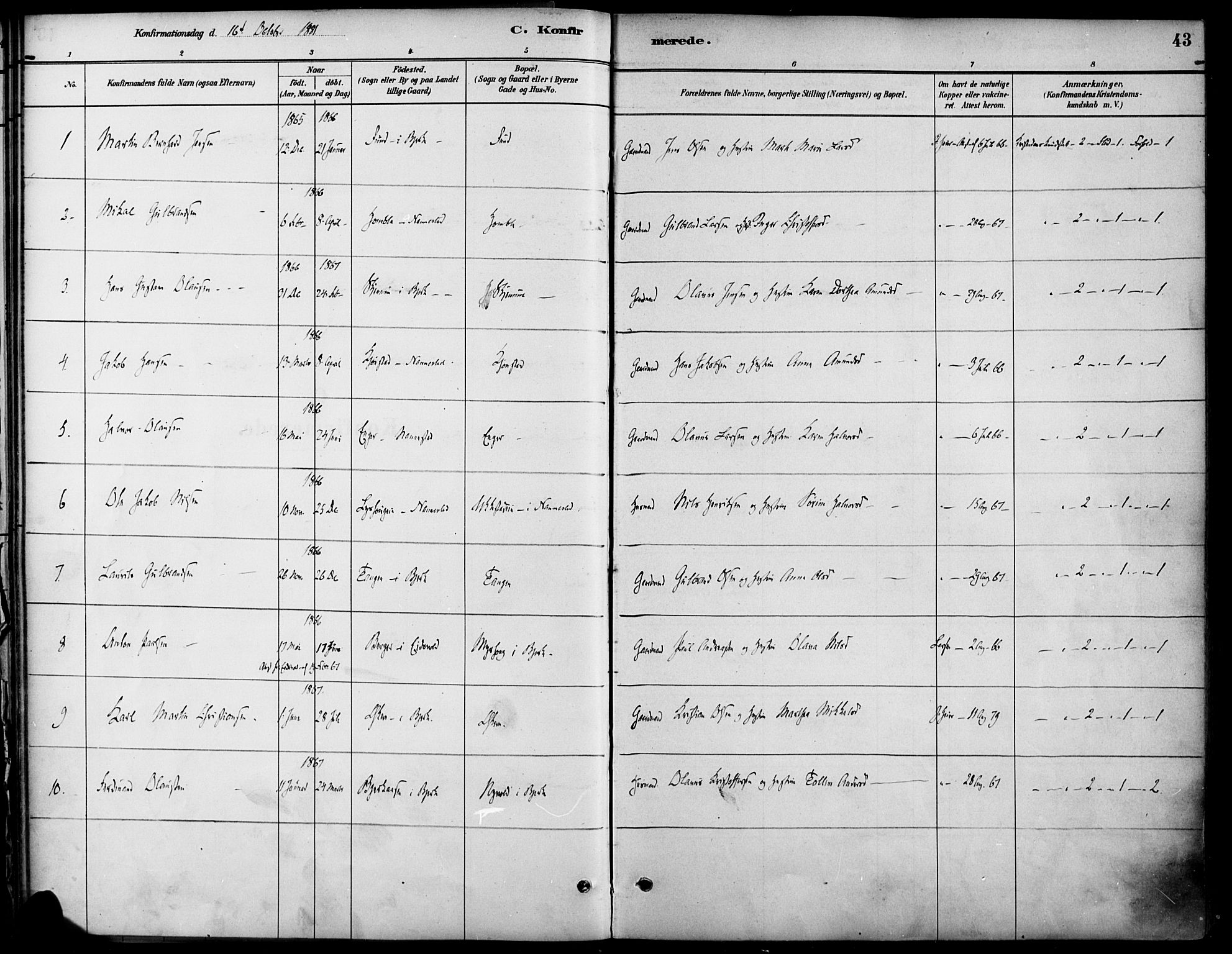 Nannestad prestekontor Kirkebøker, SAO/A-10414a/F/Fa/L0014: Parish register (official) no. I 14, 1881-1890, p. 43