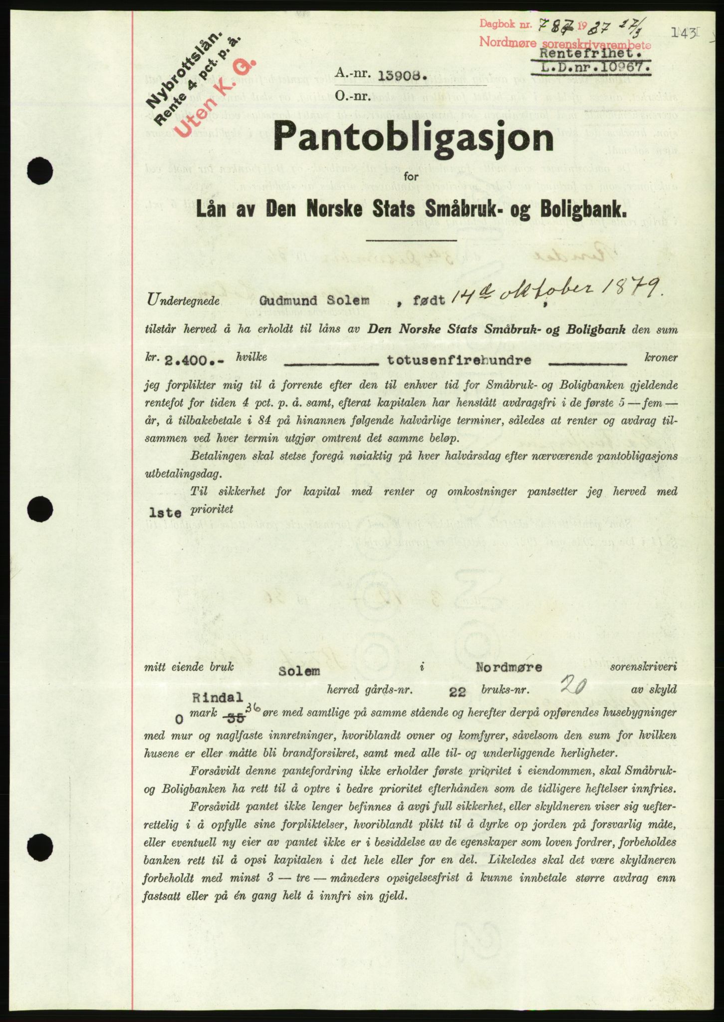 Nordmøre sorenskriveri, AV/SAT-A-4132/1/2/2Ca/L0091: Mortgage book no. B81, 1937-1937, Diary no: : 787/1937